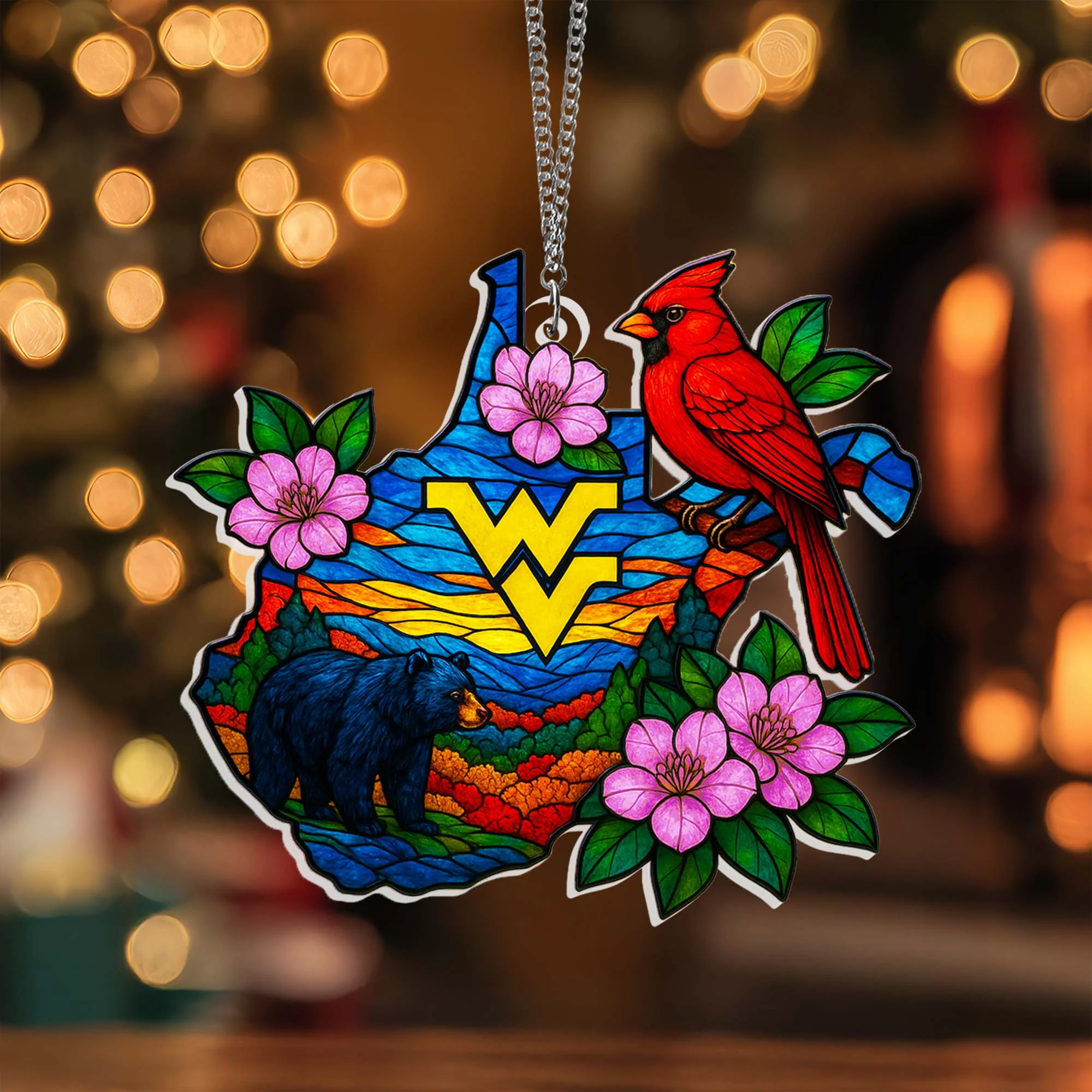 West Virginia Cardinal Rhododendron Acrylic Suncatcher, WV Day Hanging Decor