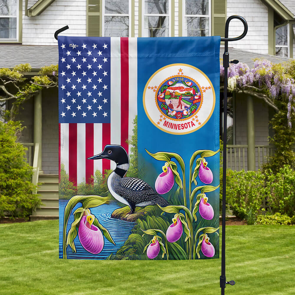 Minnesota State Lady’s Slipper Flower and Loon Minnesota American Flag