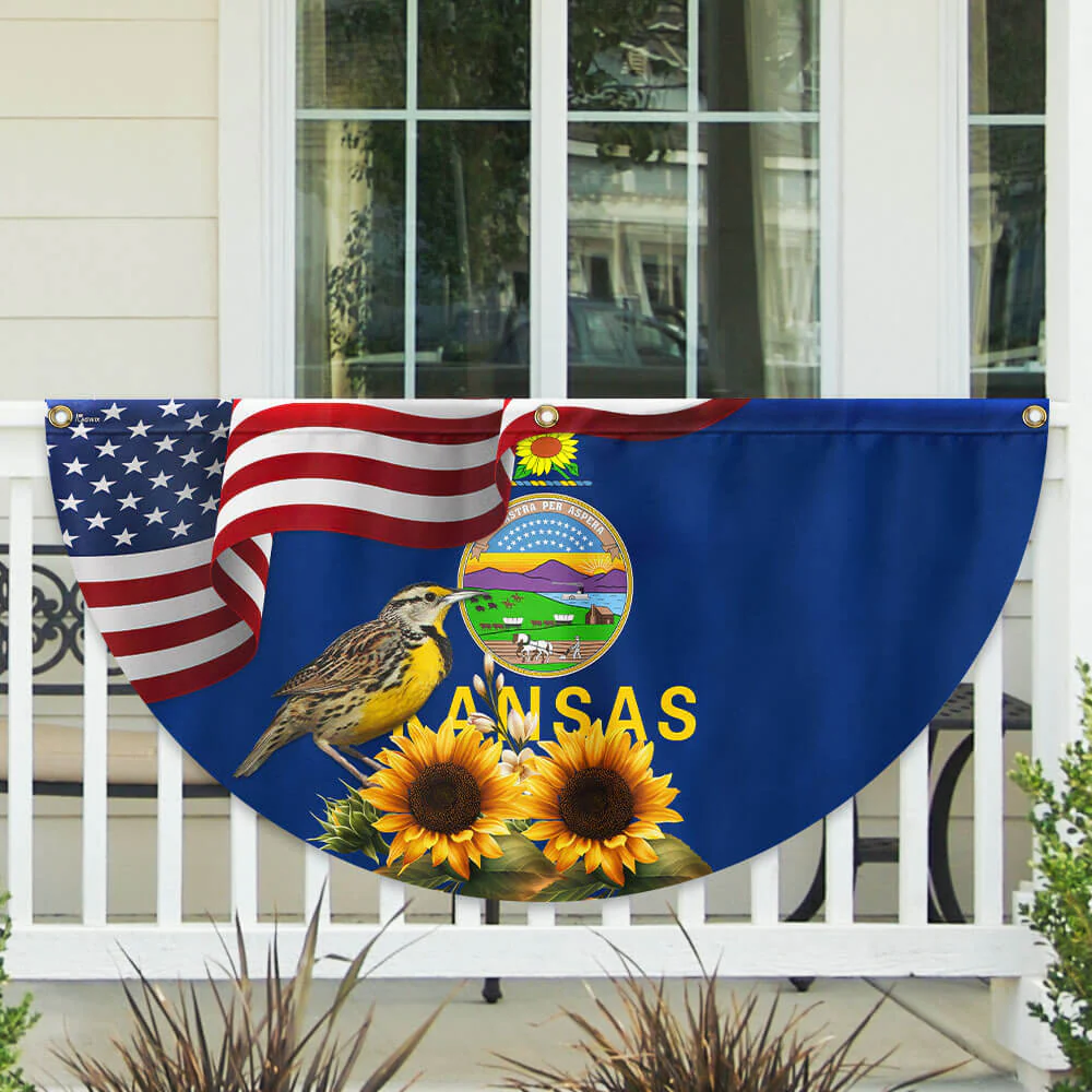 Kansas State Sunflower and Meadowlark Bird Non-Pleated Fan Flag
