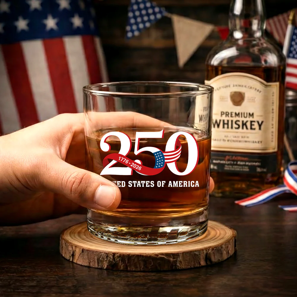 250th Anniversary Whiskey Glass with Printed 1776 2026 American Flag