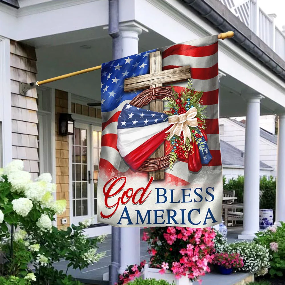 Bimipi American Flag - God Bless America American Wreath Patriot Christian Cross Flag