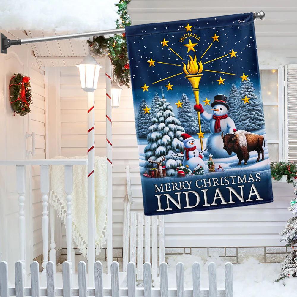 Indiana Christmas Flag Snowman with Gold Torch Merry Christmas