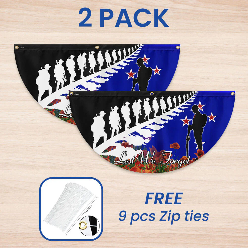 Anzac Day Flag Lest We Forget Red Poppy Veteran Solider Memorial New Zealand Non-Pleated Fan Flag