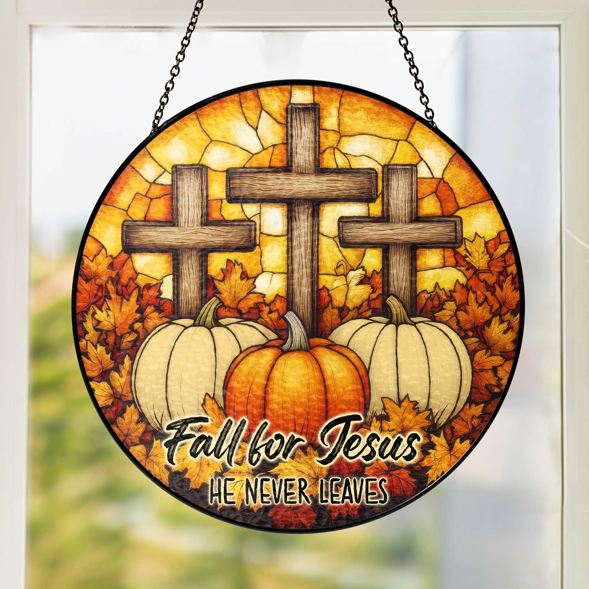 Fall for Jesus He Never Leaves Cross Pumpkin Autumn Stained Glass Suncatcher