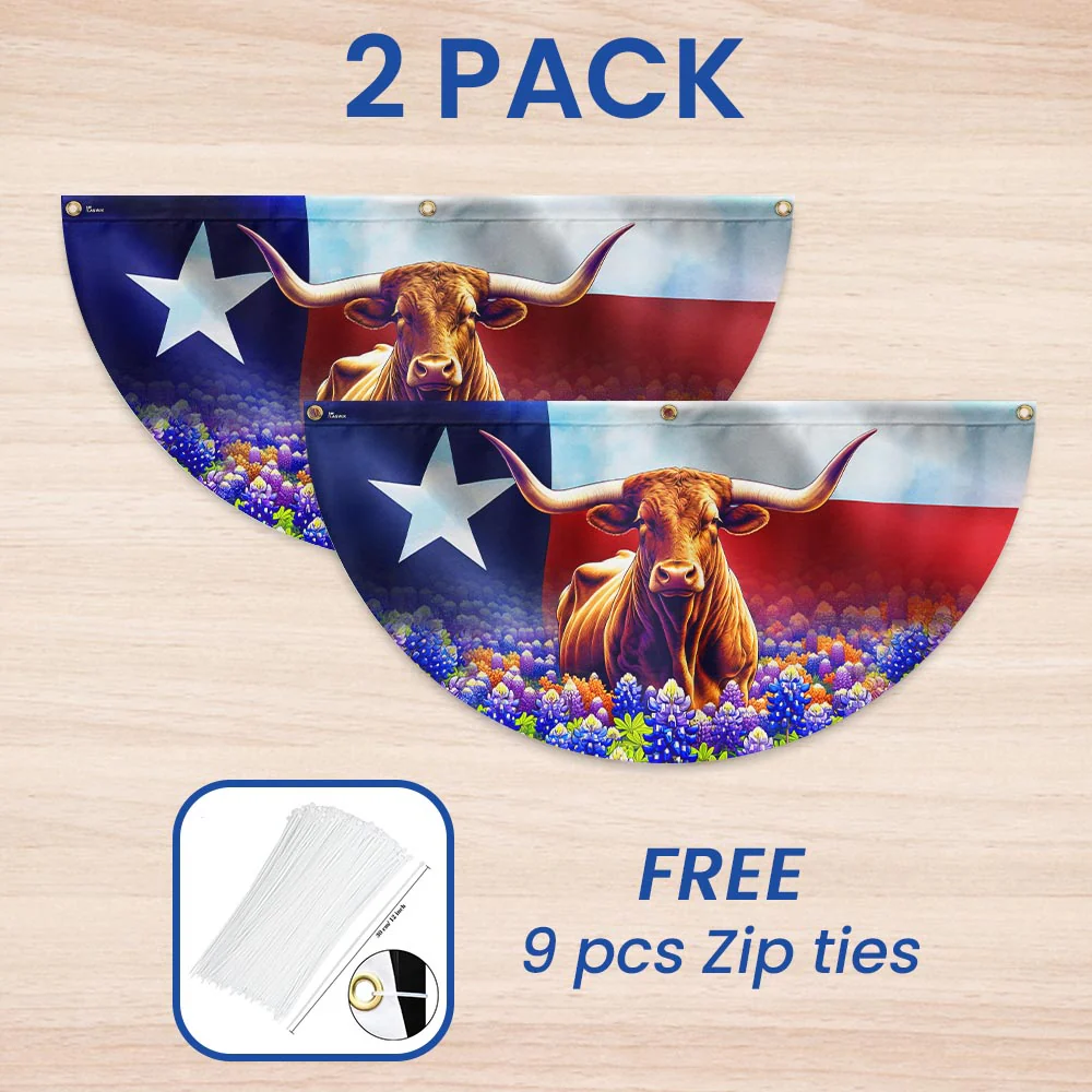 Texas Longhorn Cattle  Bluebonnet Non-Pleated Fan Flag