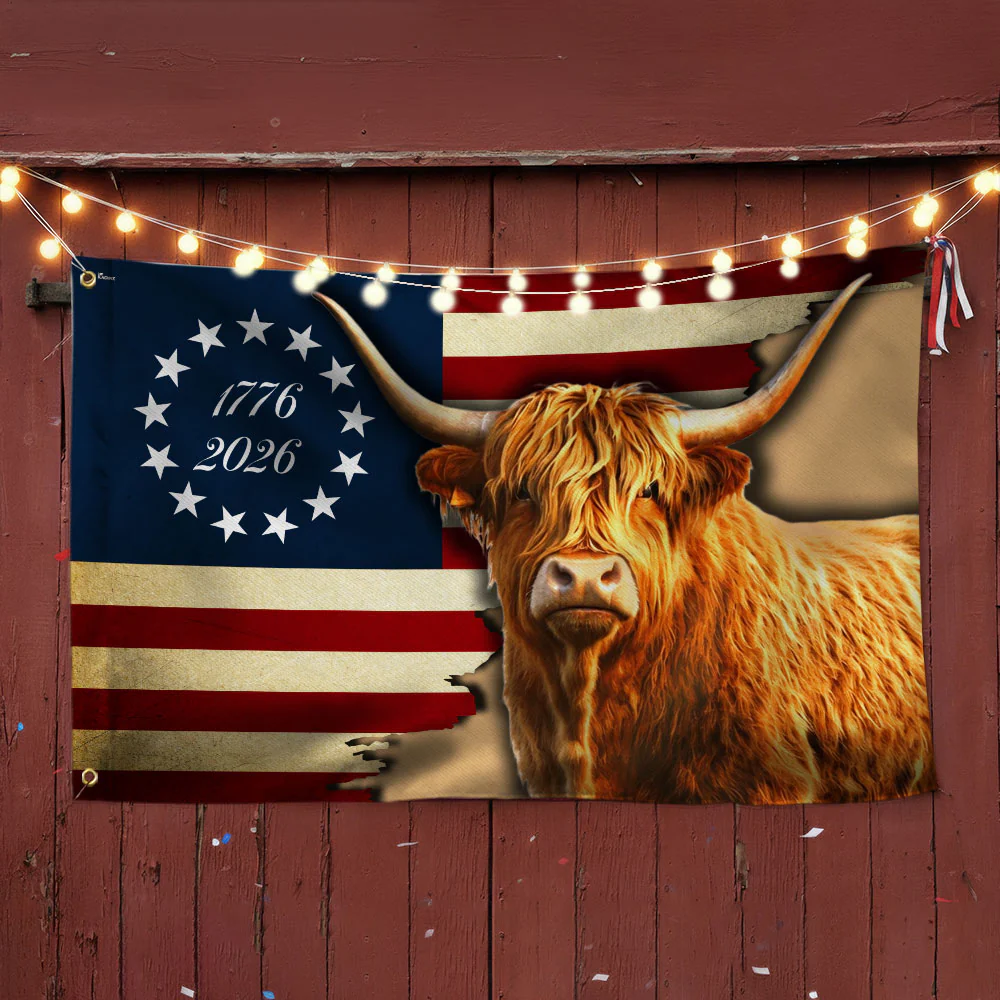 250 Years Strong Highland Cow American Flag for Farmhouse Patriotic Decor