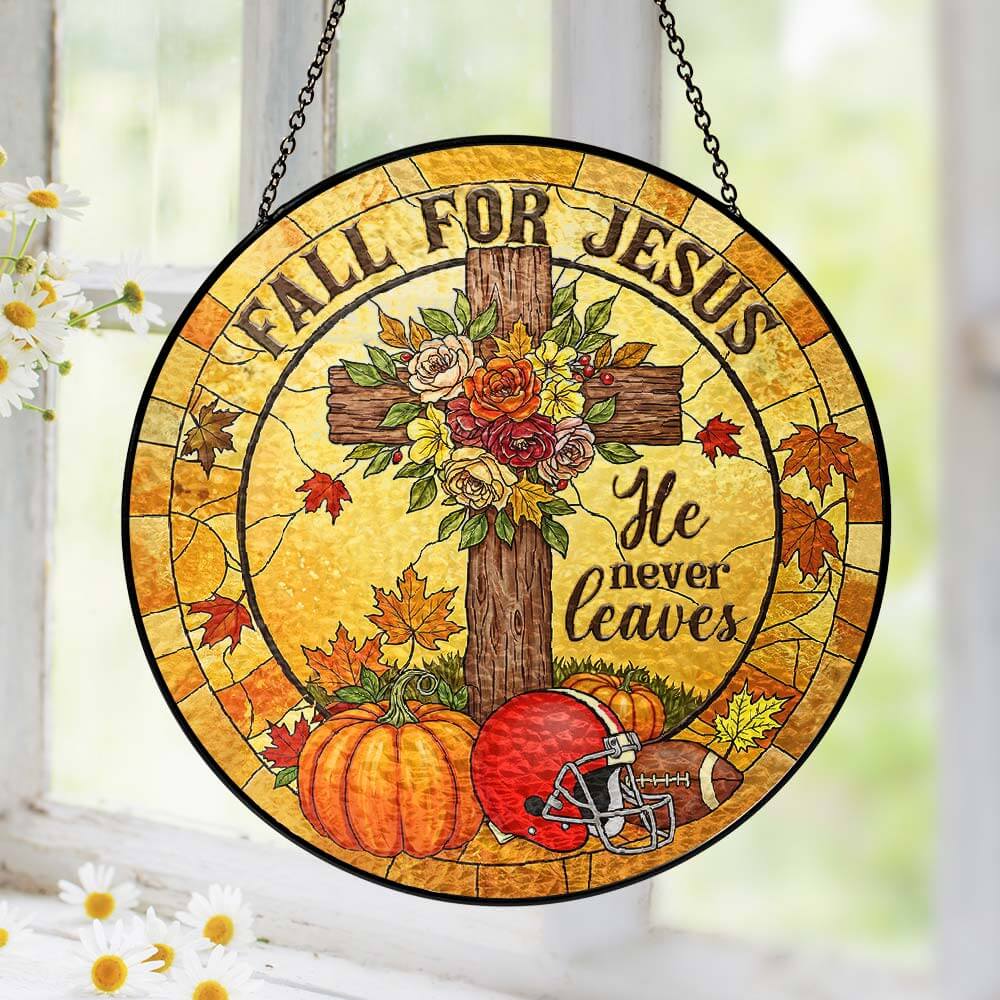 Fall Football Christian He Never Leaves Stained Glass Suncatcher