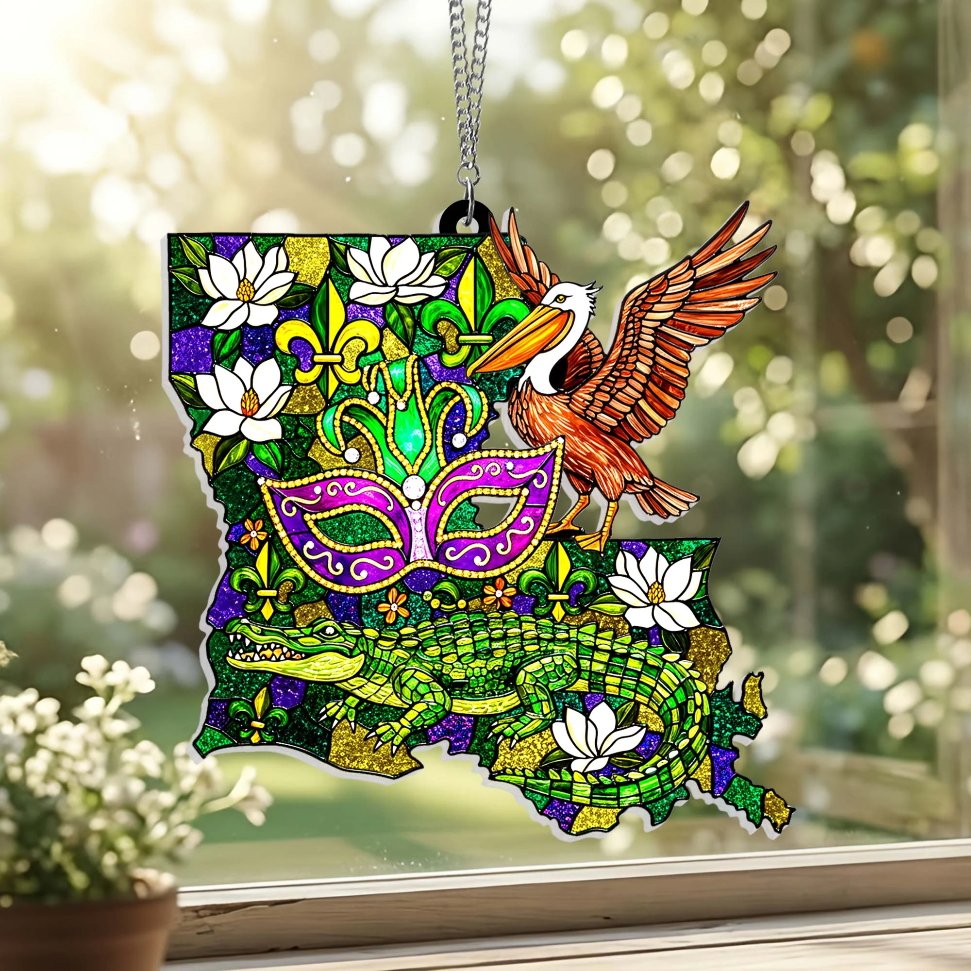 Louisiana Map Mardi Gras Mask Fleur De Lis Acrylic Suncatcher Hanging