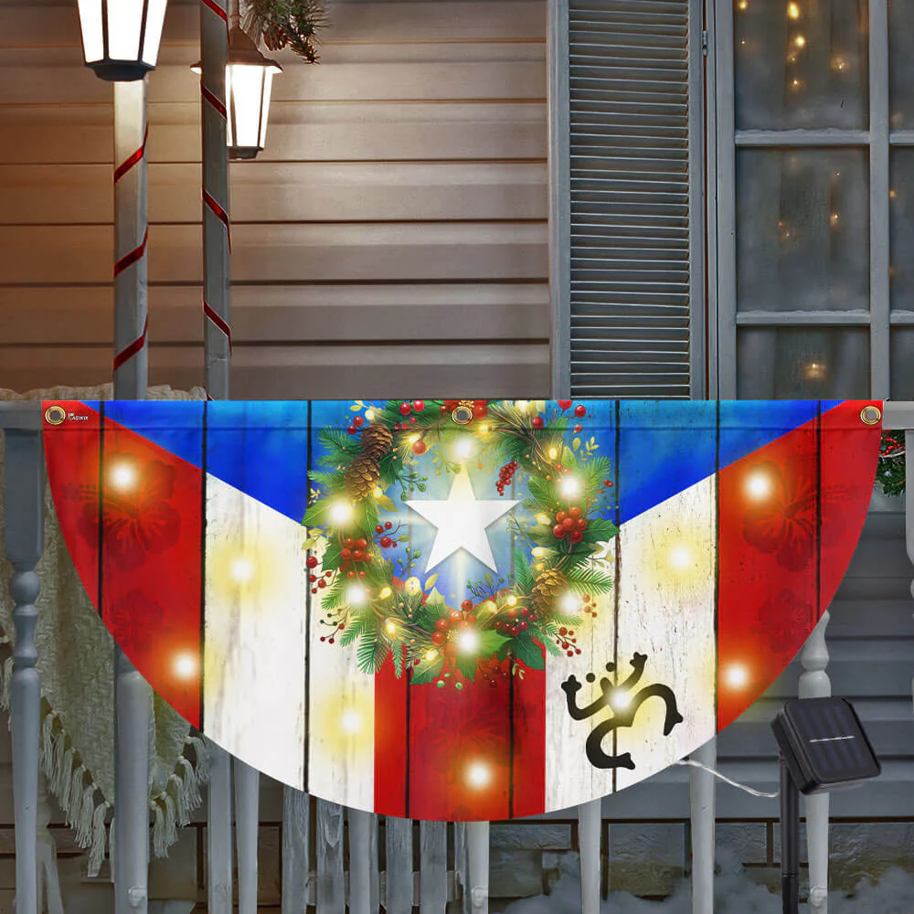 Puerto Rico Boricua with Christmas Wreath Puerto Rican Solar Led Fan Flag