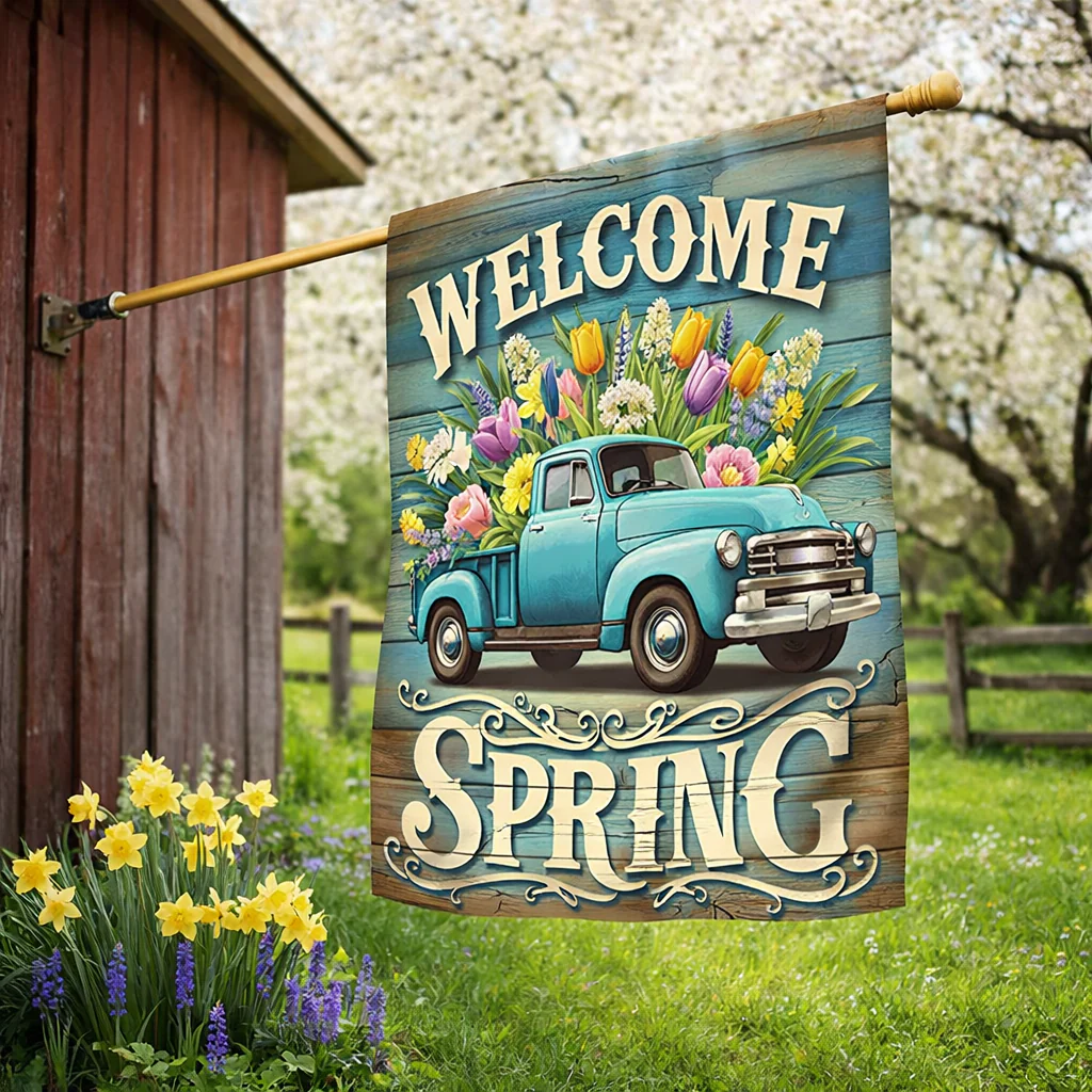 Spring Decorative Welcome Spring Truck Flower Flag for Outdoor Home Decor