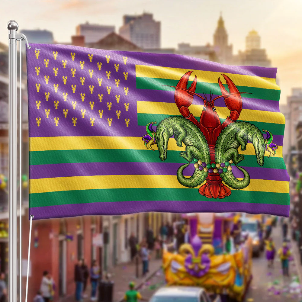 Louisiana Mardi Gras Flag, Alligator and Crawfish Grommet Flag