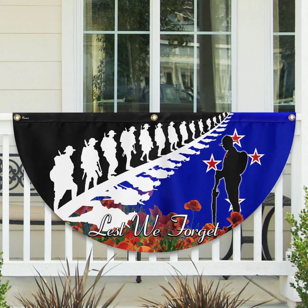 Anzac Day Flag Lest We Forget Red Poppy Veteran Solider Memorial New Zealand Non-Pleated Fan Flag