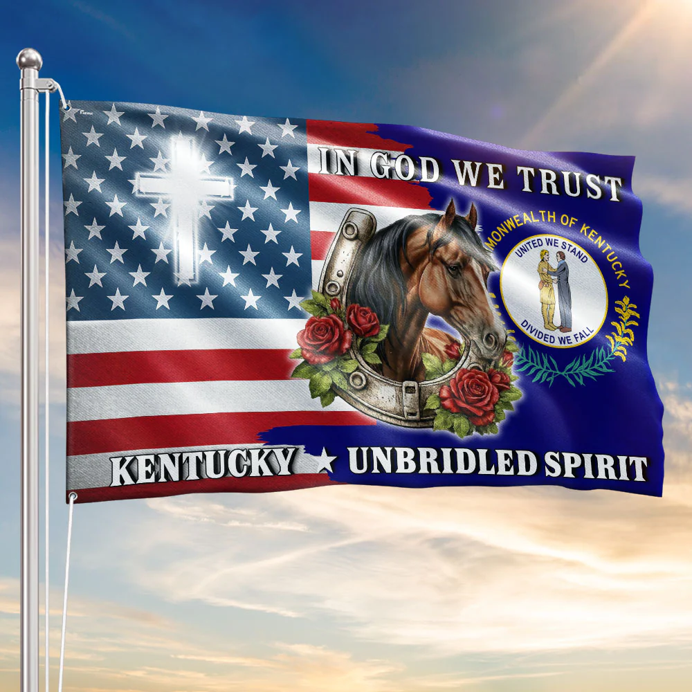 America 250 KY God We Trust Flag, Kentucky Unbridled Spirit Patriot Decor