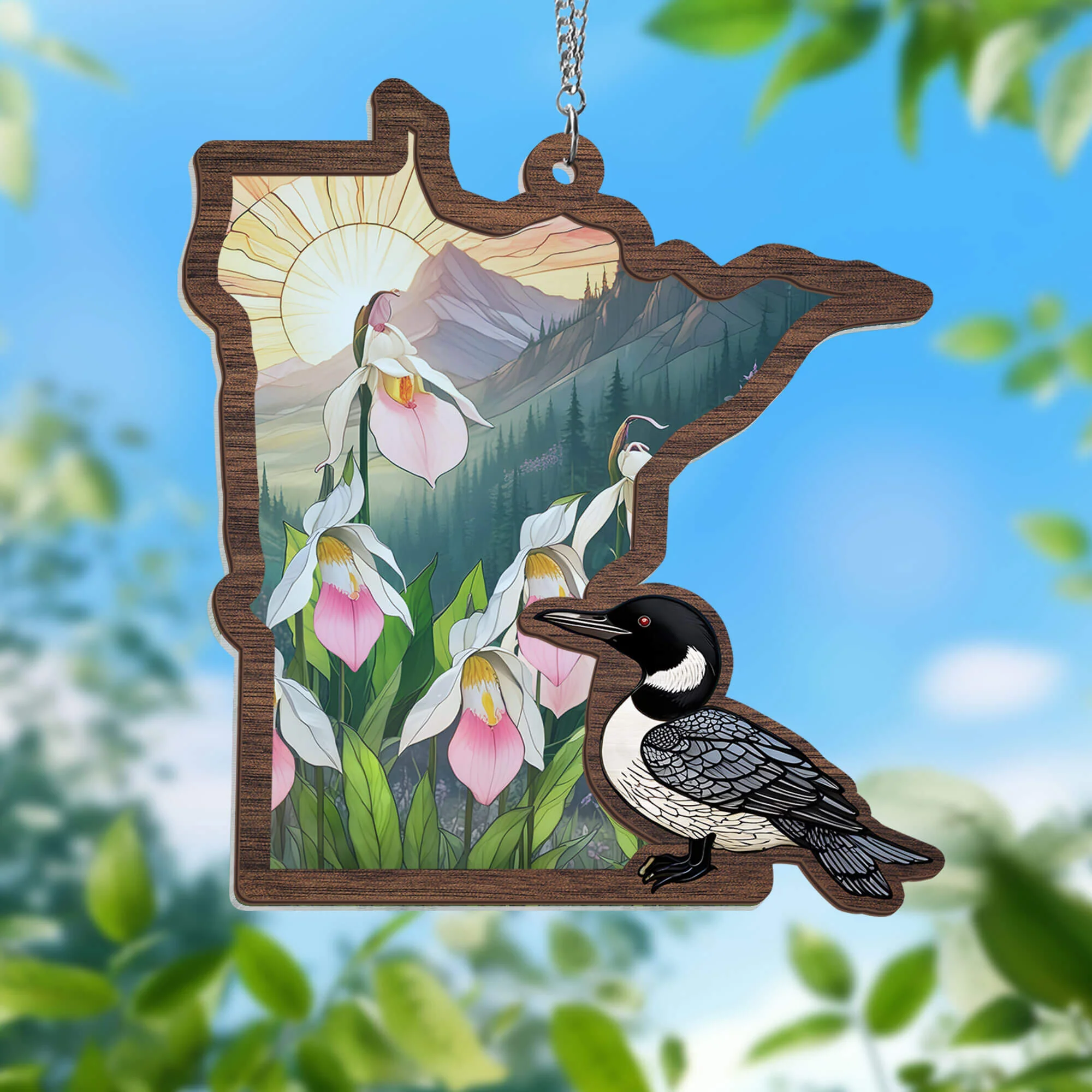 Minnesota State Lady’s Slipper Flower and Loon Minnesota 2 Layered Hanging Suncatcher