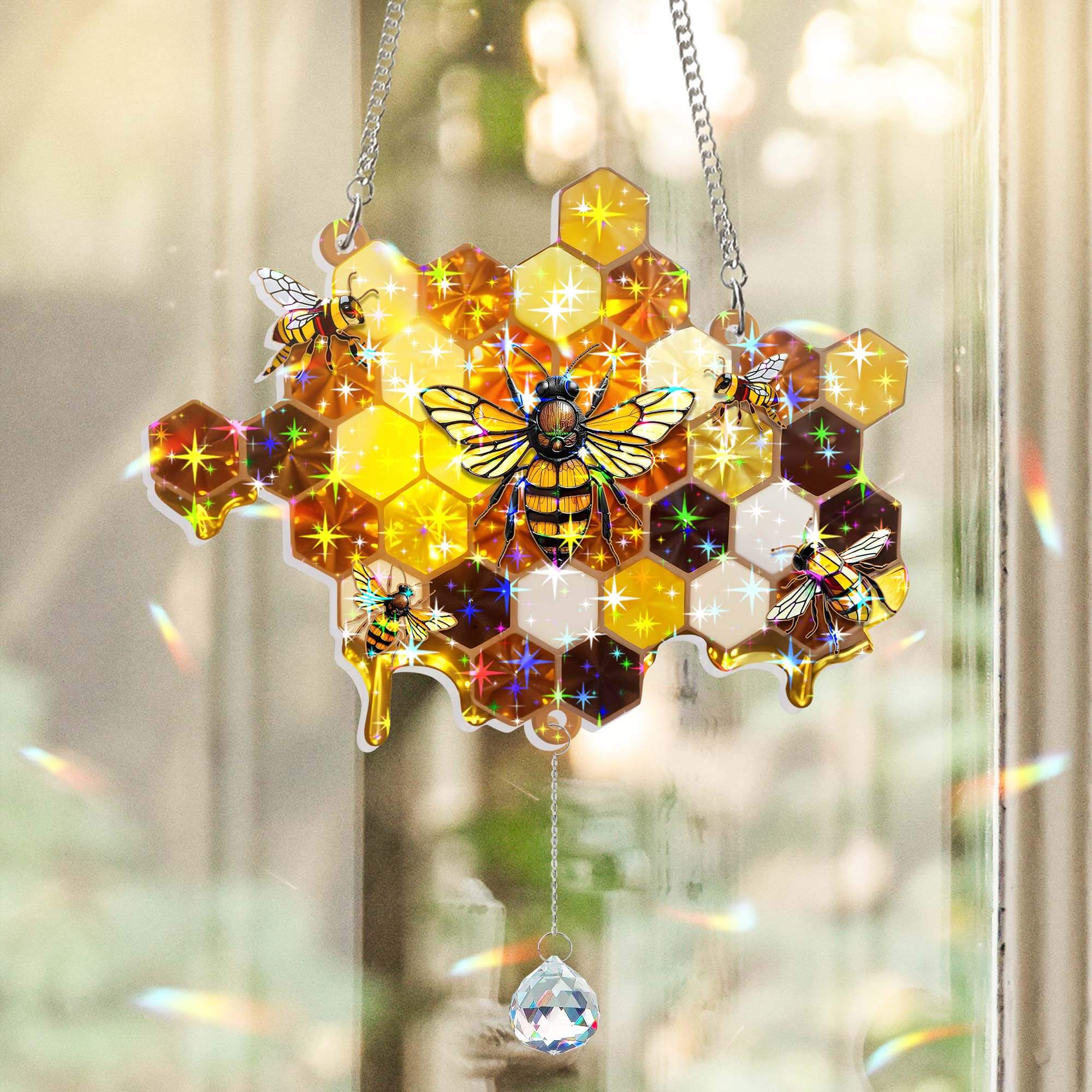 Bee Bumble Bee Honeycomb Hologram Window Hanging