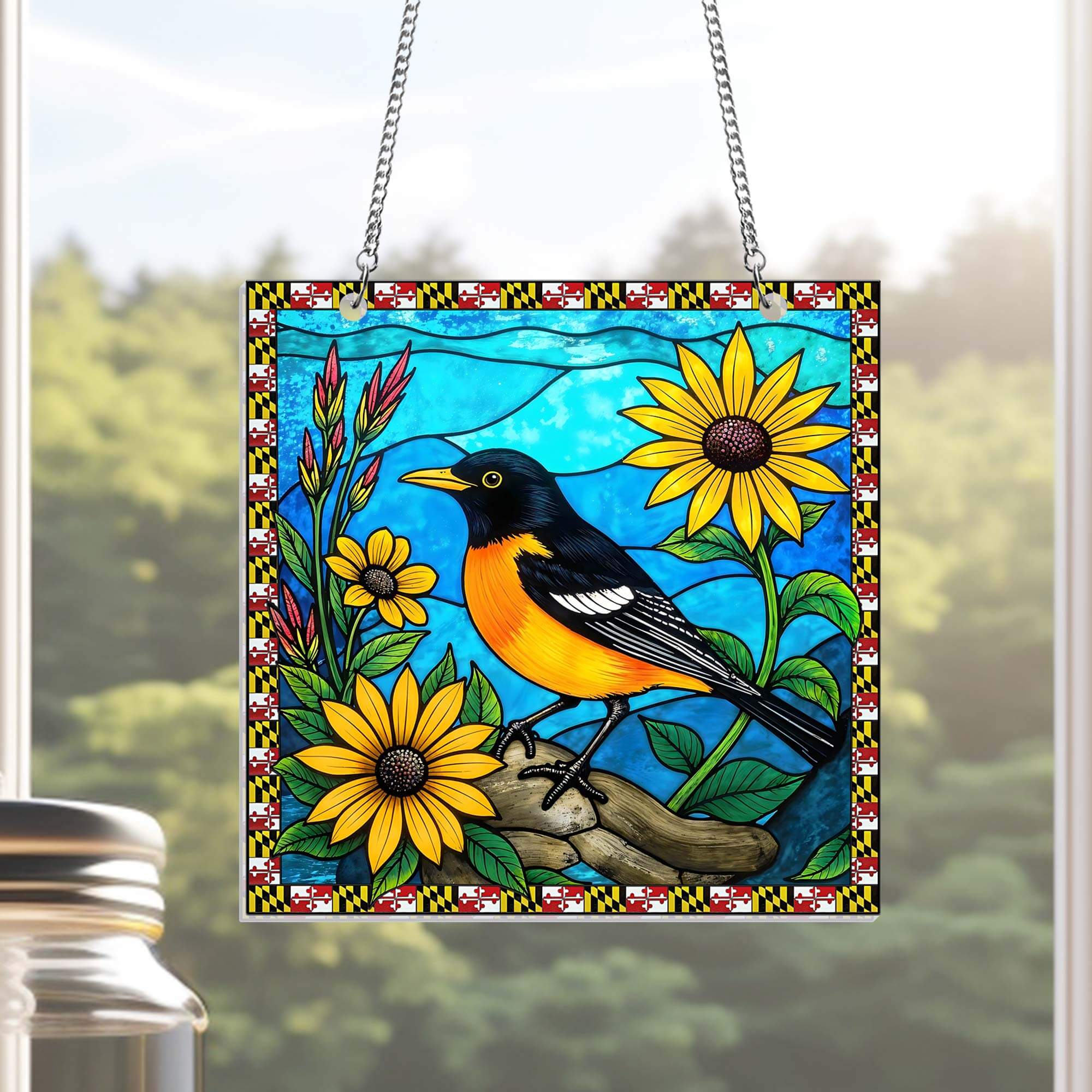Maryland Baltimore Oriole Bird and Black-Eyed Susan Flower Suncatcher Hanging Sign