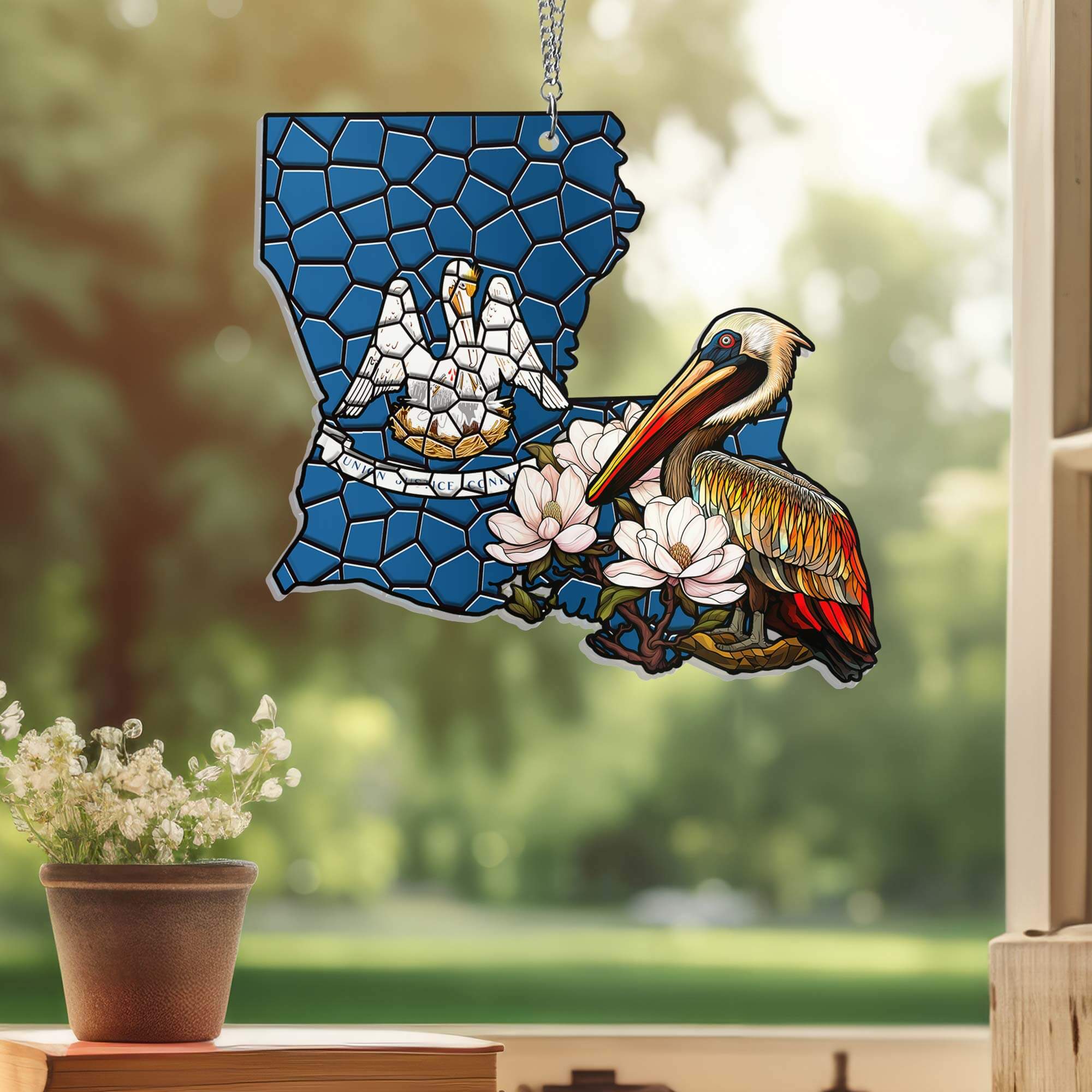 Louisiana Brown Pelican Bird and Magnolia Flower Suncatcher Acrylic Hanging
