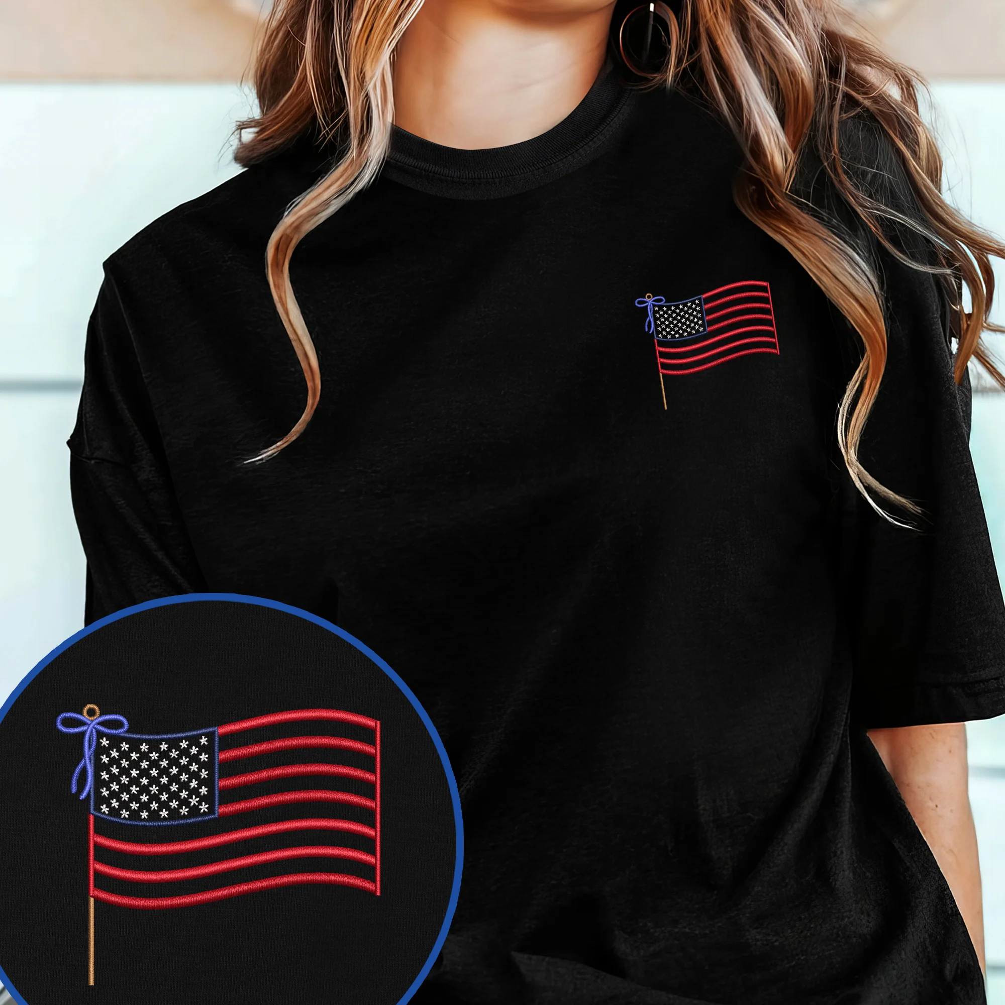 Bimipi American Flag - Happy 4th of july USA Flag Embroidered T-Shirt