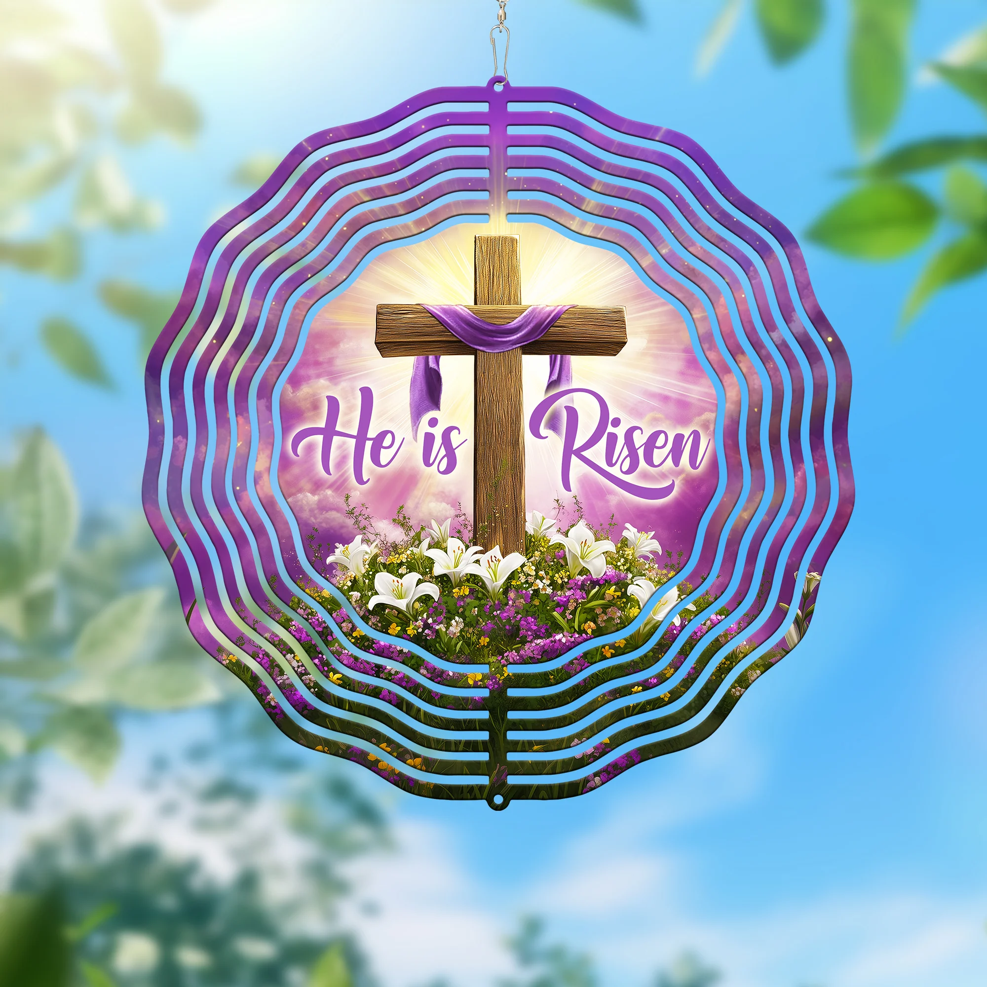 Easter He Is Risen Cross Christian Religious Wind Spinner