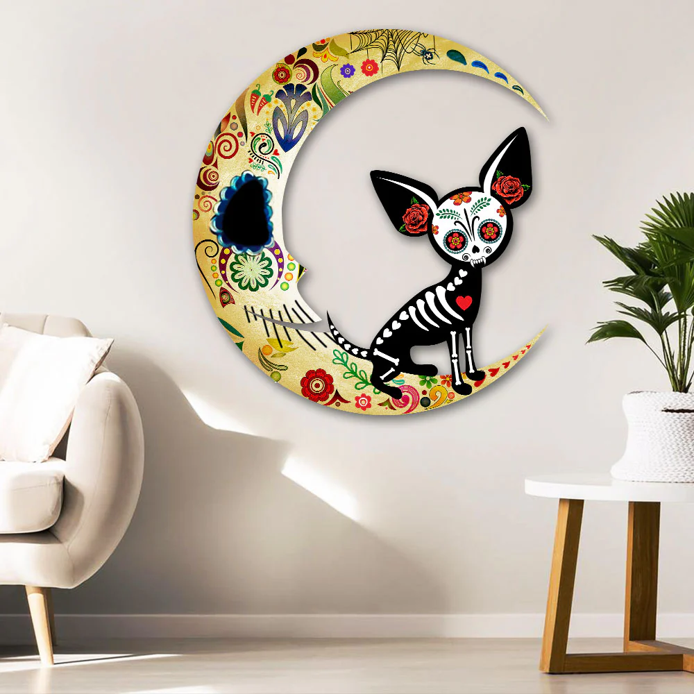 Chihuahua On The Moon Sugar Skull Hanging Metal Sign QNN678MSv1