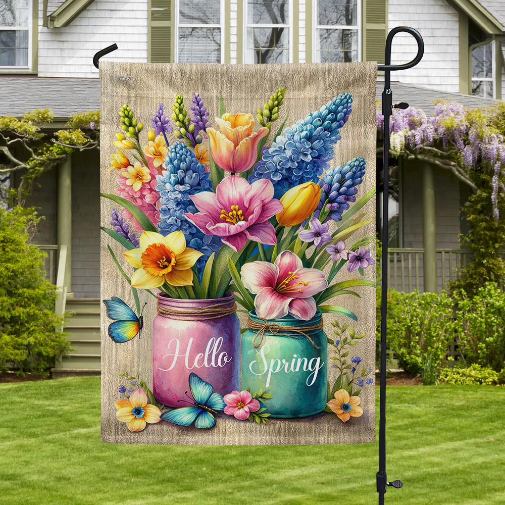 Decorative Hello Spring Floral Flag for Outdoor Home Decor