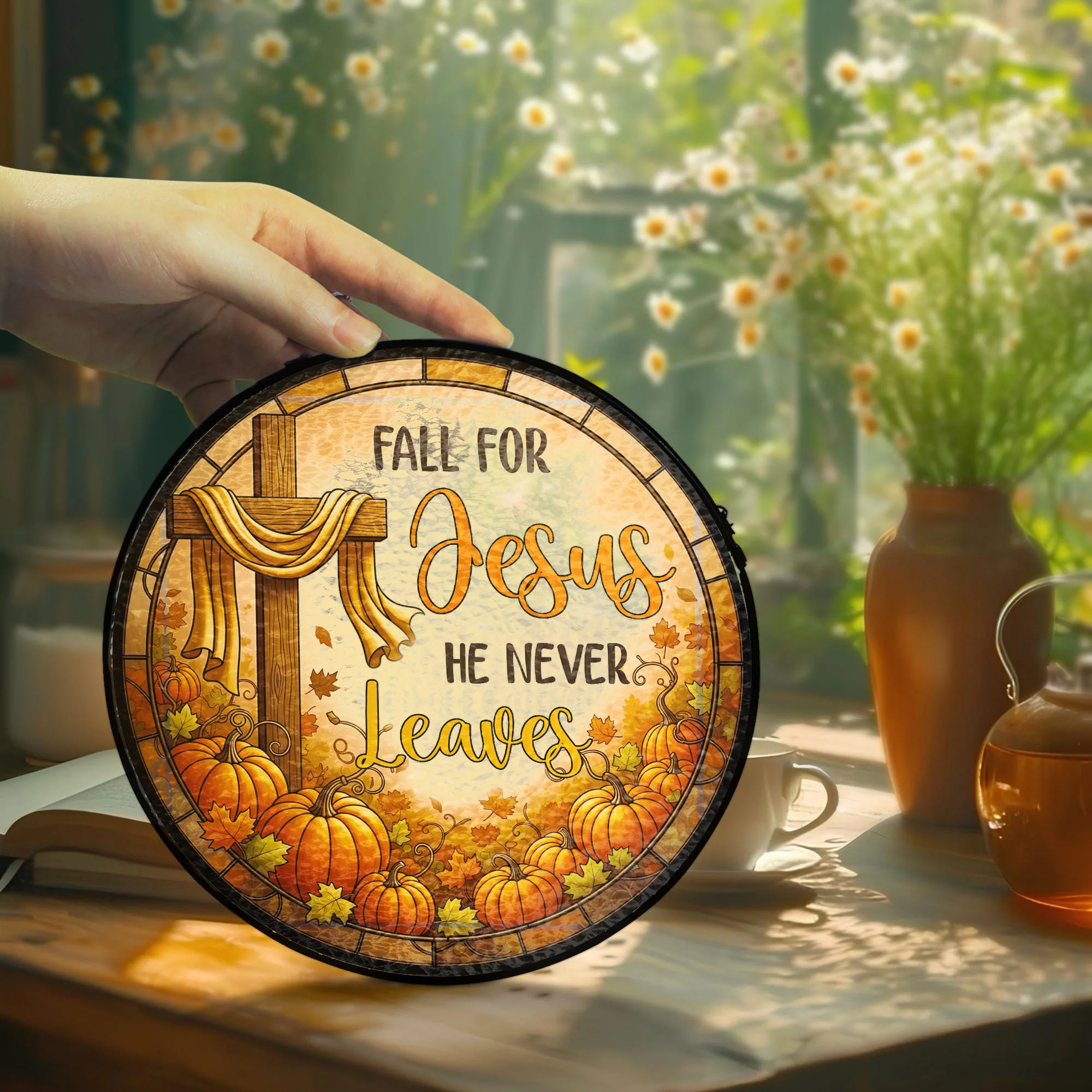 Fall Thanksgiving Pumpkins Stained Glass Suncatcher Fall for Jesus He Never Leaves
