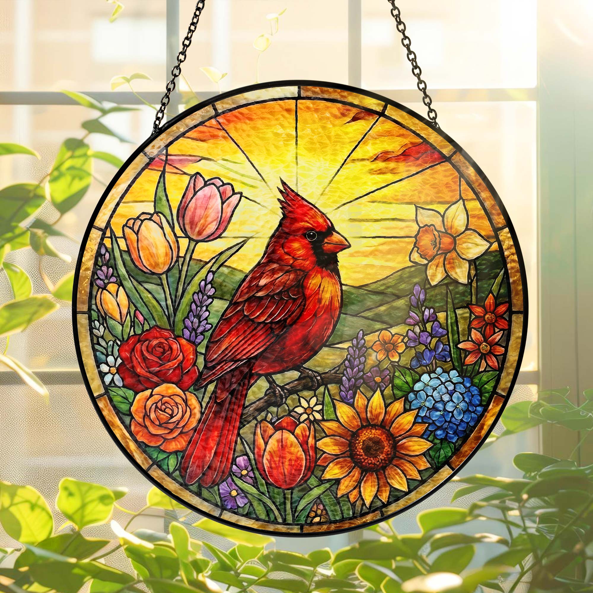 Red Cardinal Spring Suncatcher, Cardinal And Sunflower Stained Glass Decor