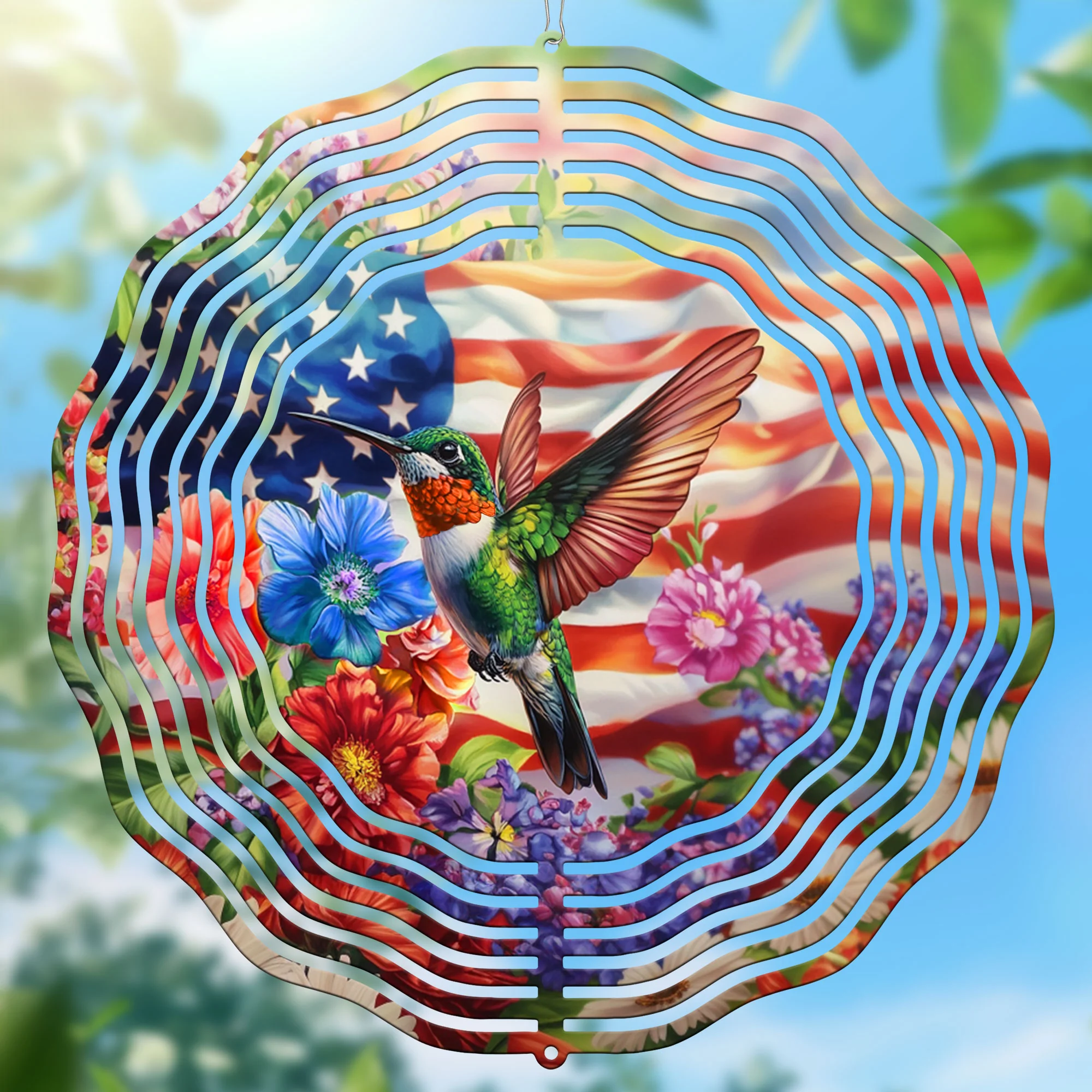 Hummingbird Flower With USA Flag Wind Spinner