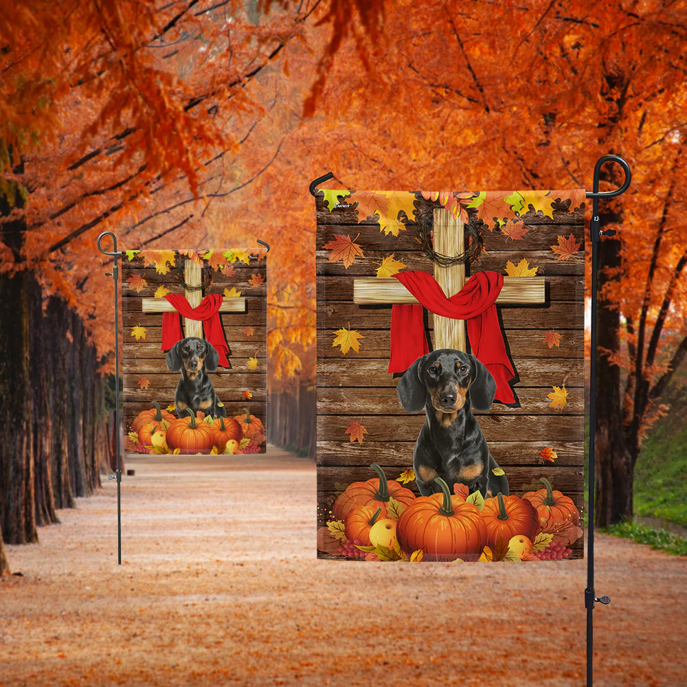 Dachshund Flag, Autumn Pumpkins And Wooden Cross Garden Flag, Rustic Thanksgiving Outdoor Decoration, Christian Fall Yard Flag For Dog Lovers Home Decor