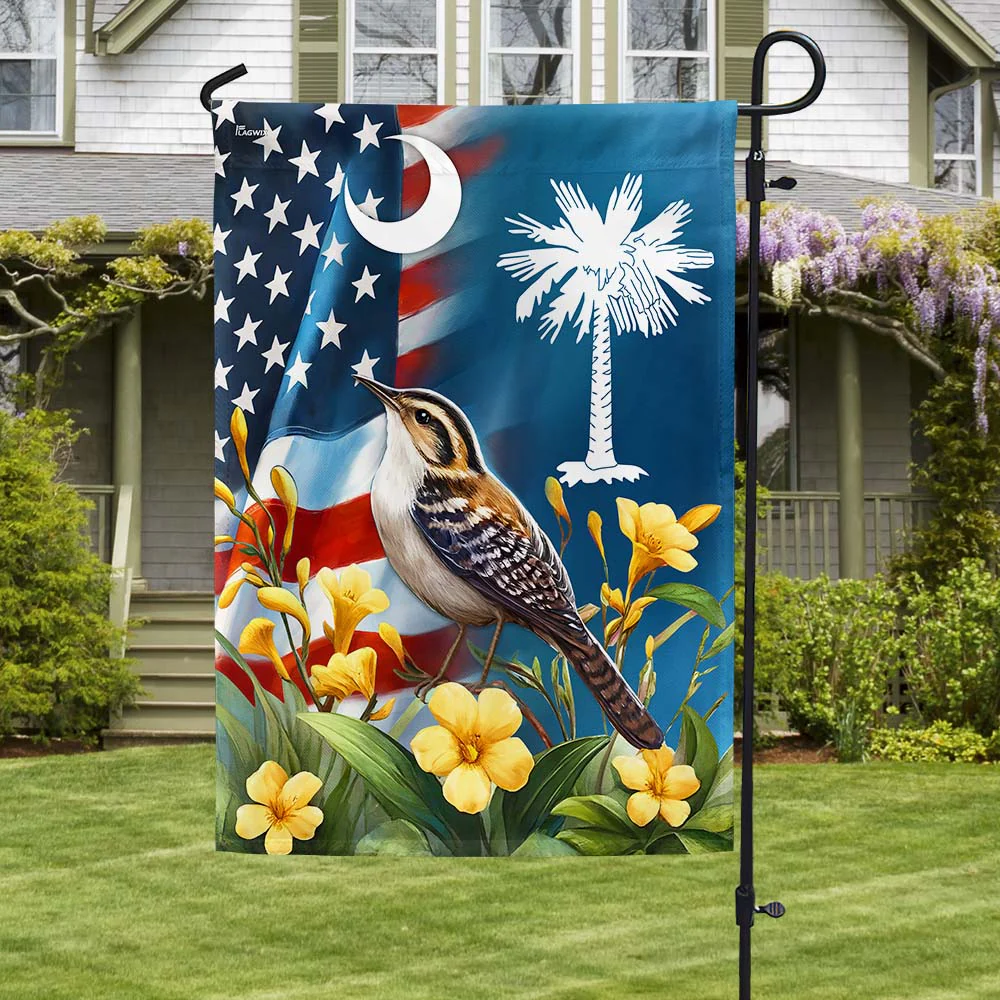 South Carolina Flag Yellow Jessamine Flower and Carolina Wren Bird Flag