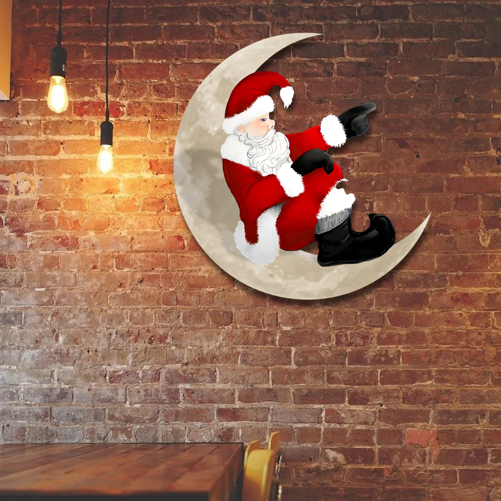 Santa Claus On The Moon Hanging Metal Sign, Christmas Decor