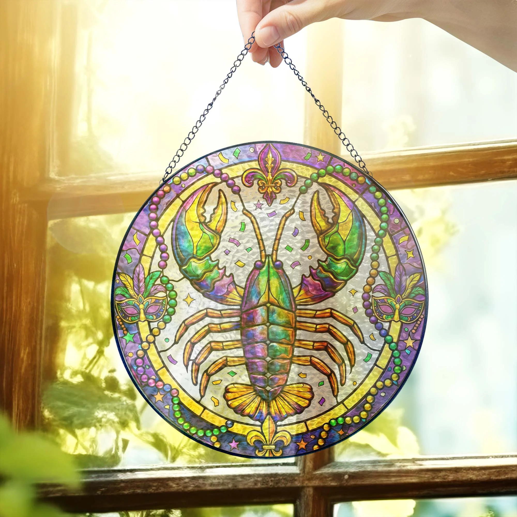 Mardi Gras Suncatcher, Crawfish Louisiana Stained Glass Window Hanging