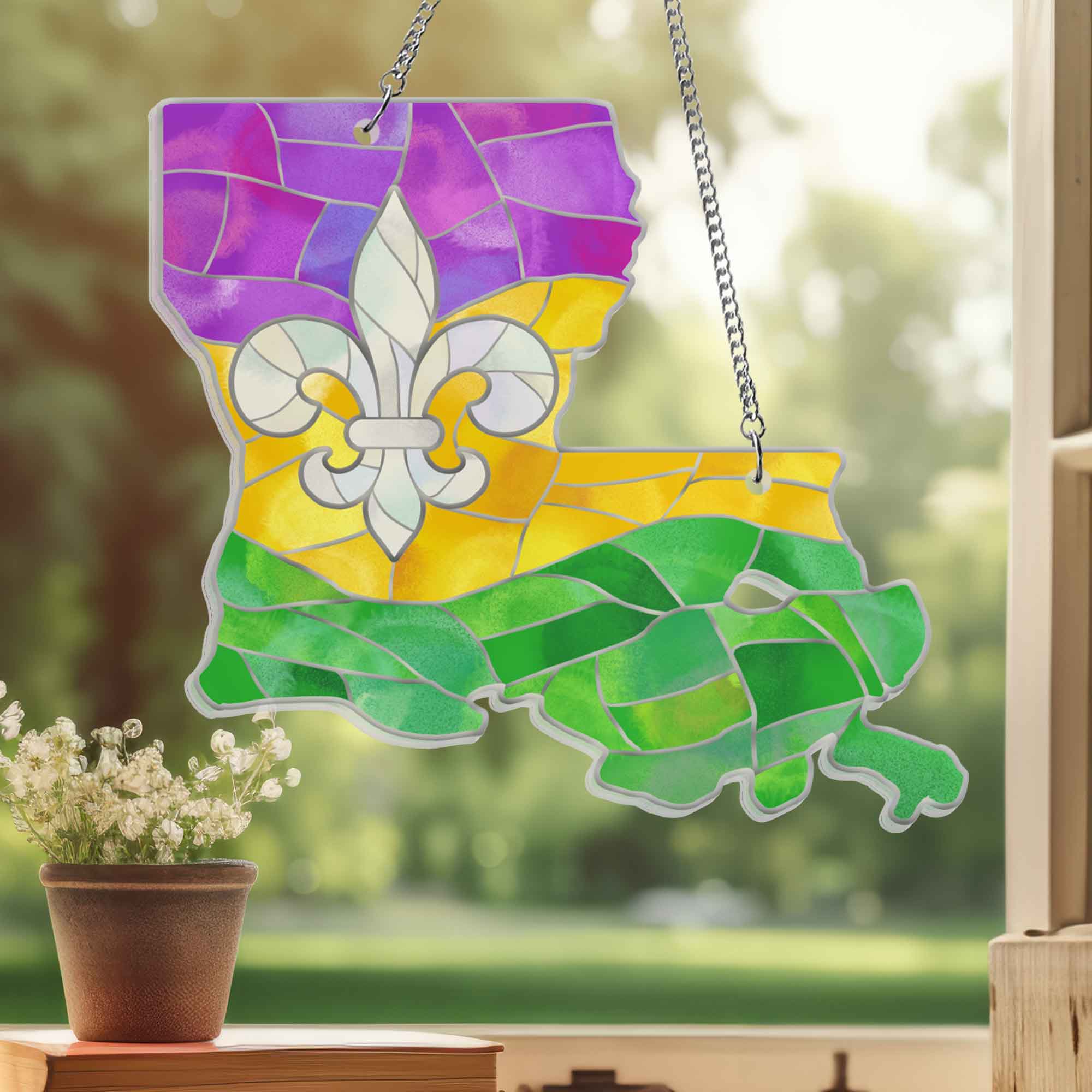 Louisiana Map Mardi Gras Fleur De Lis Suncatcher Acrylic Hanging