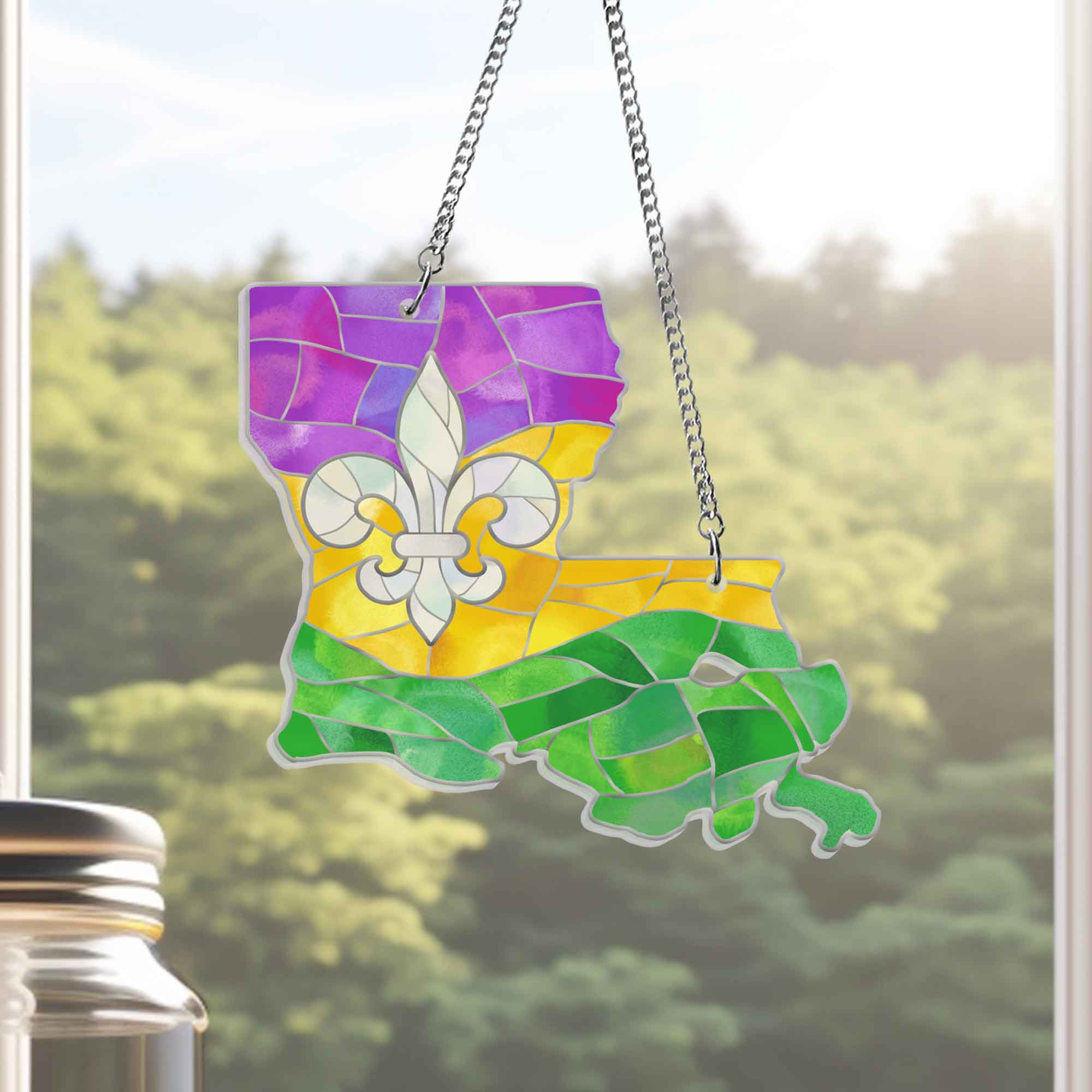 Louisiana Map Mardi Gras Fleur De Lis Suncatcher Acrylic Hanging