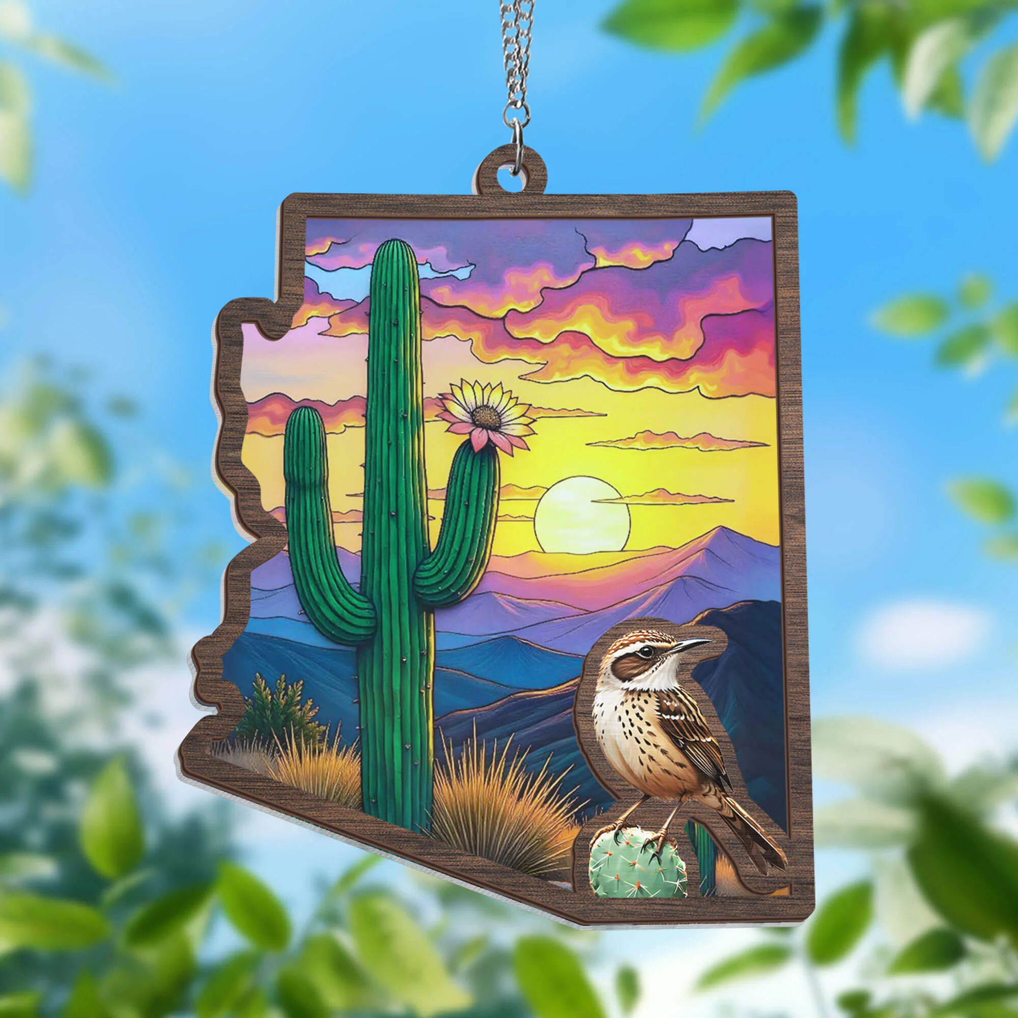 Christmas Ornament, Arizona Cactus Wren and Saguaro Cactus Blossom 2 Layered Hanging Suncatcher