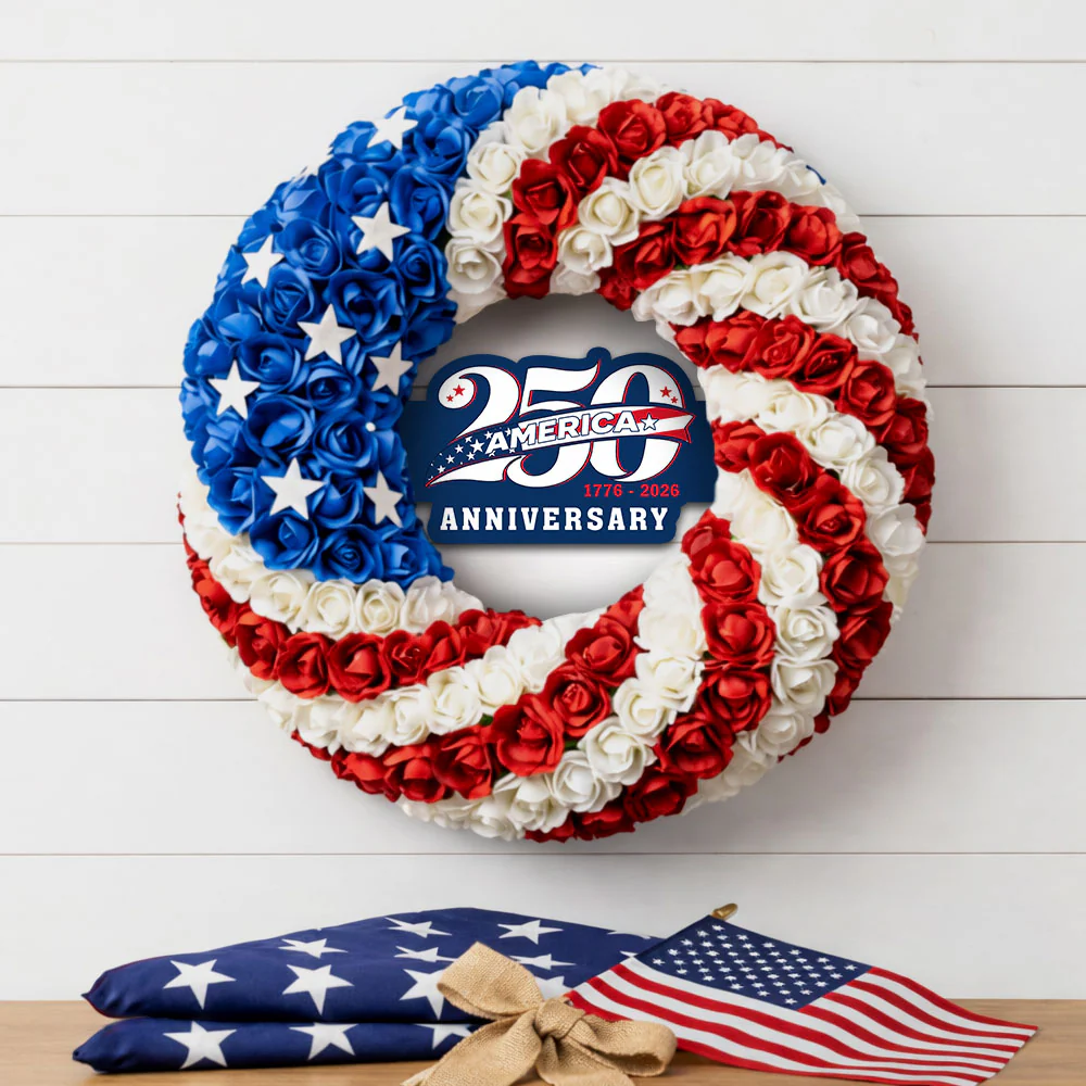 250th Anniversary American Flag Wreath, 1776 2026 Patriotic Front Door Decor