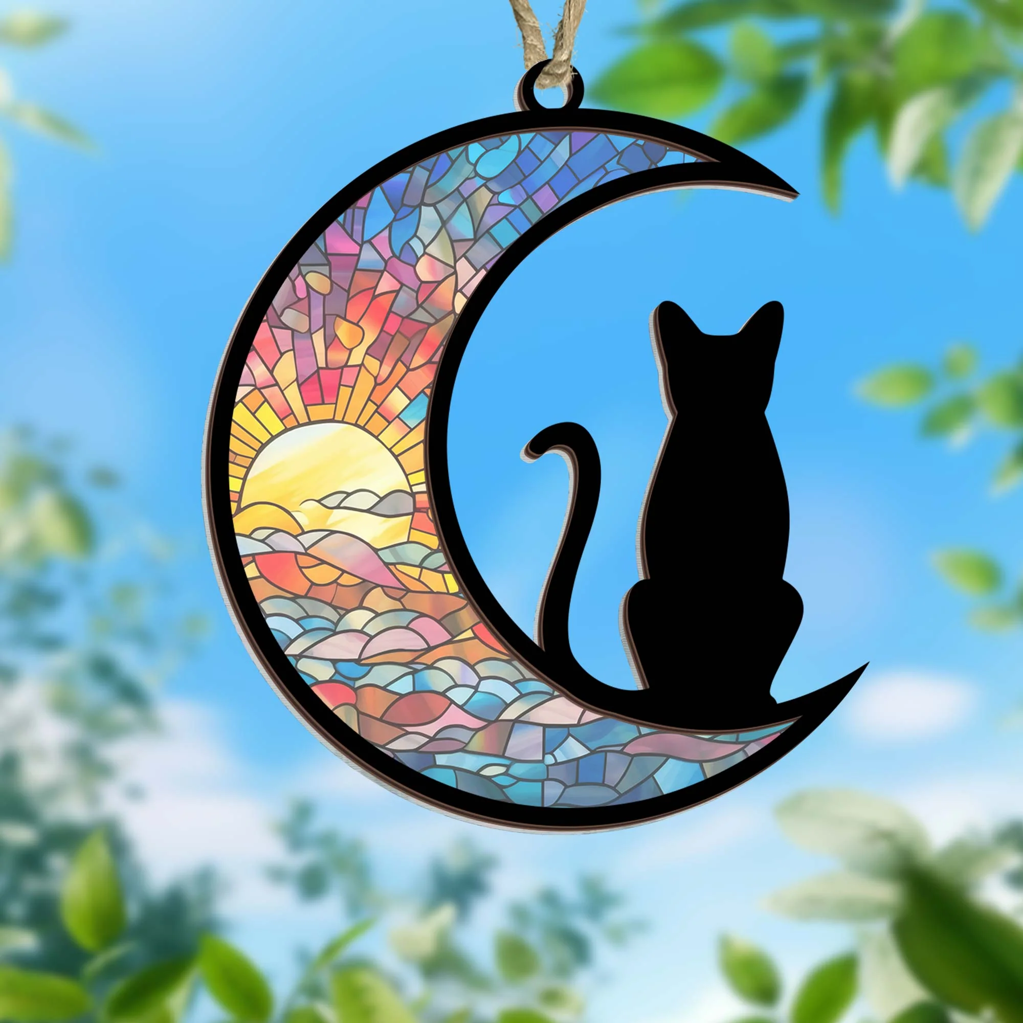 Christmas Ornament, Black Cat On The Moon Suncatcher Ornament