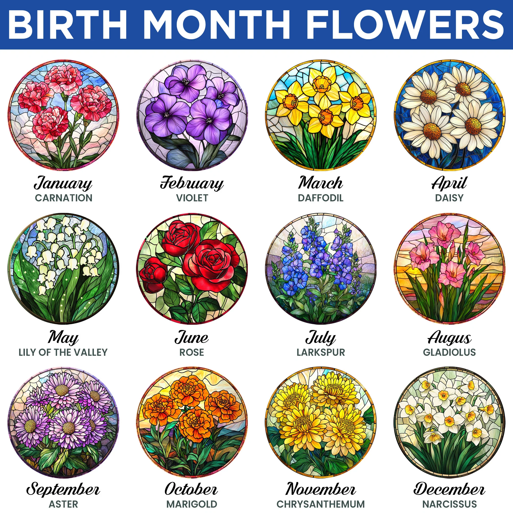 Personalized Birth Month Flowers Stained Glass Suncatcher