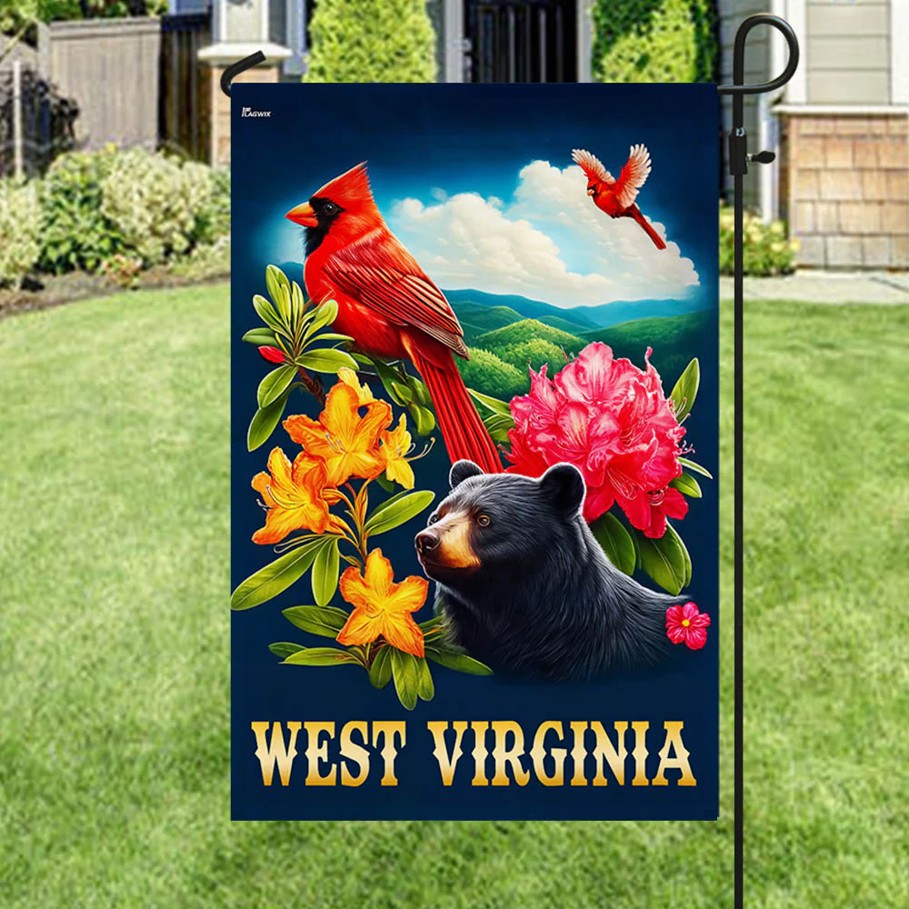 West Virginia Black Bear and Cardinal and Rhododendron Flower Flag