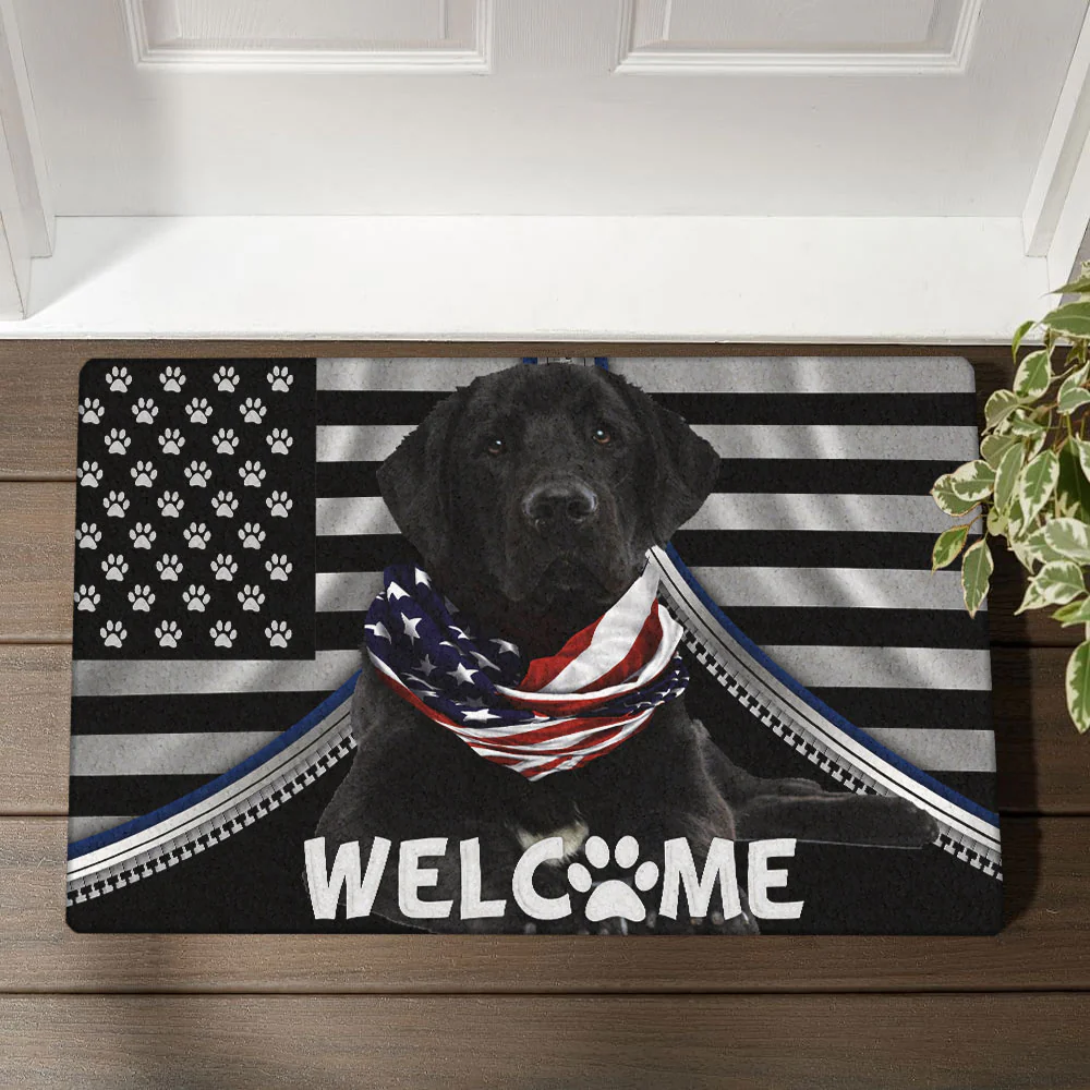 Patriotic Doormat, Welcome Black Labrador Retriever American Flag Doormat