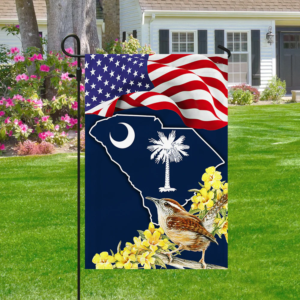 South Carolina With Carolina Wren Bird and Yellow Jessamine Flower, South Carolina Flag