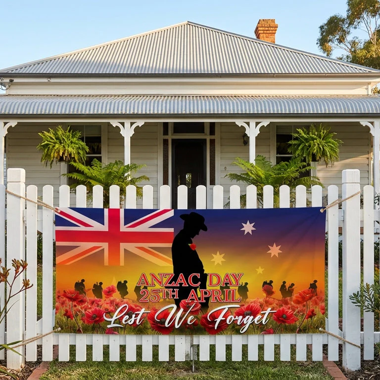 Anzac Day Lest We Forget Red Poppy Soldiers Veteran Australia Memorial Fence Banner