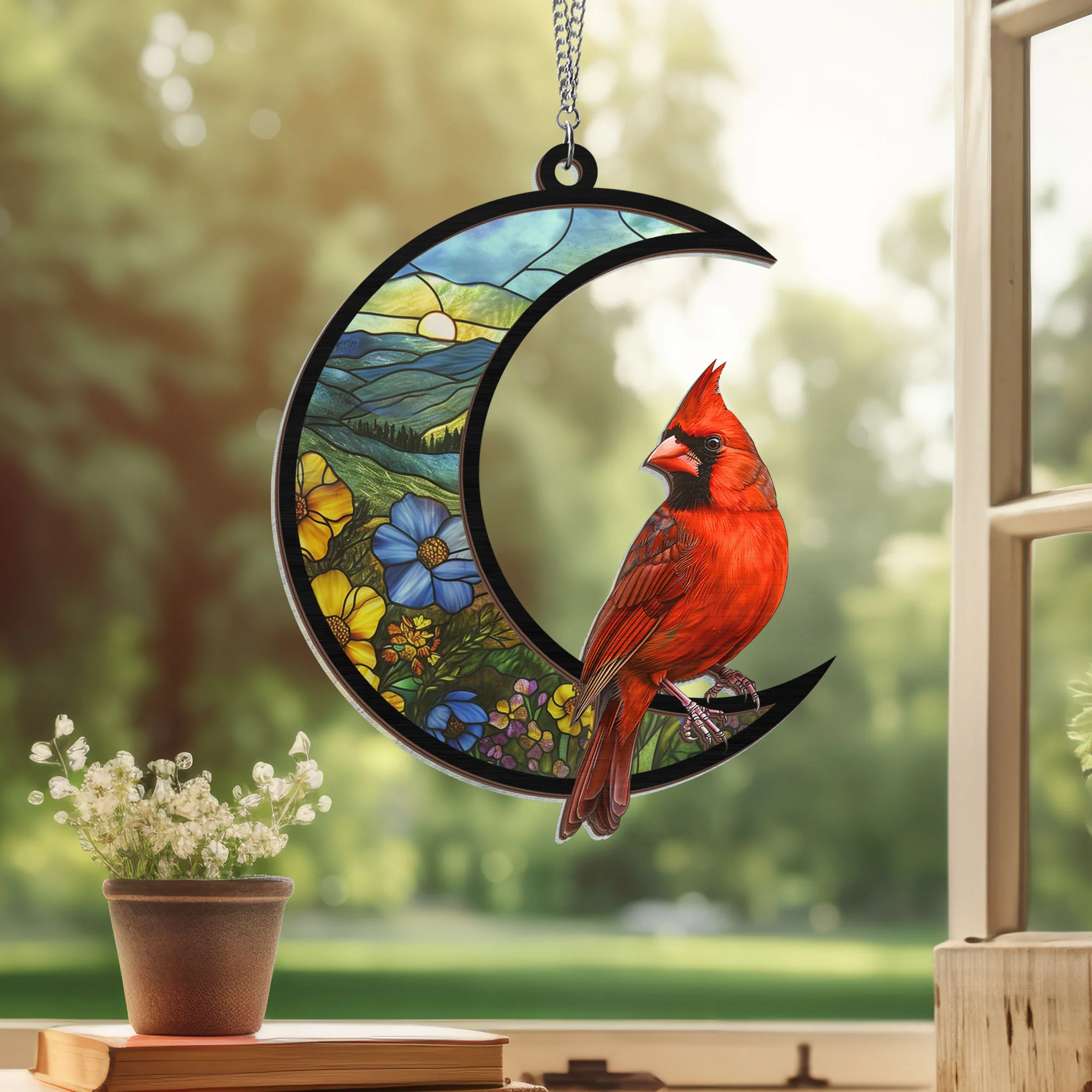 Cardinal On The Crescent Moon 2 Layered Hanging Suncatcher