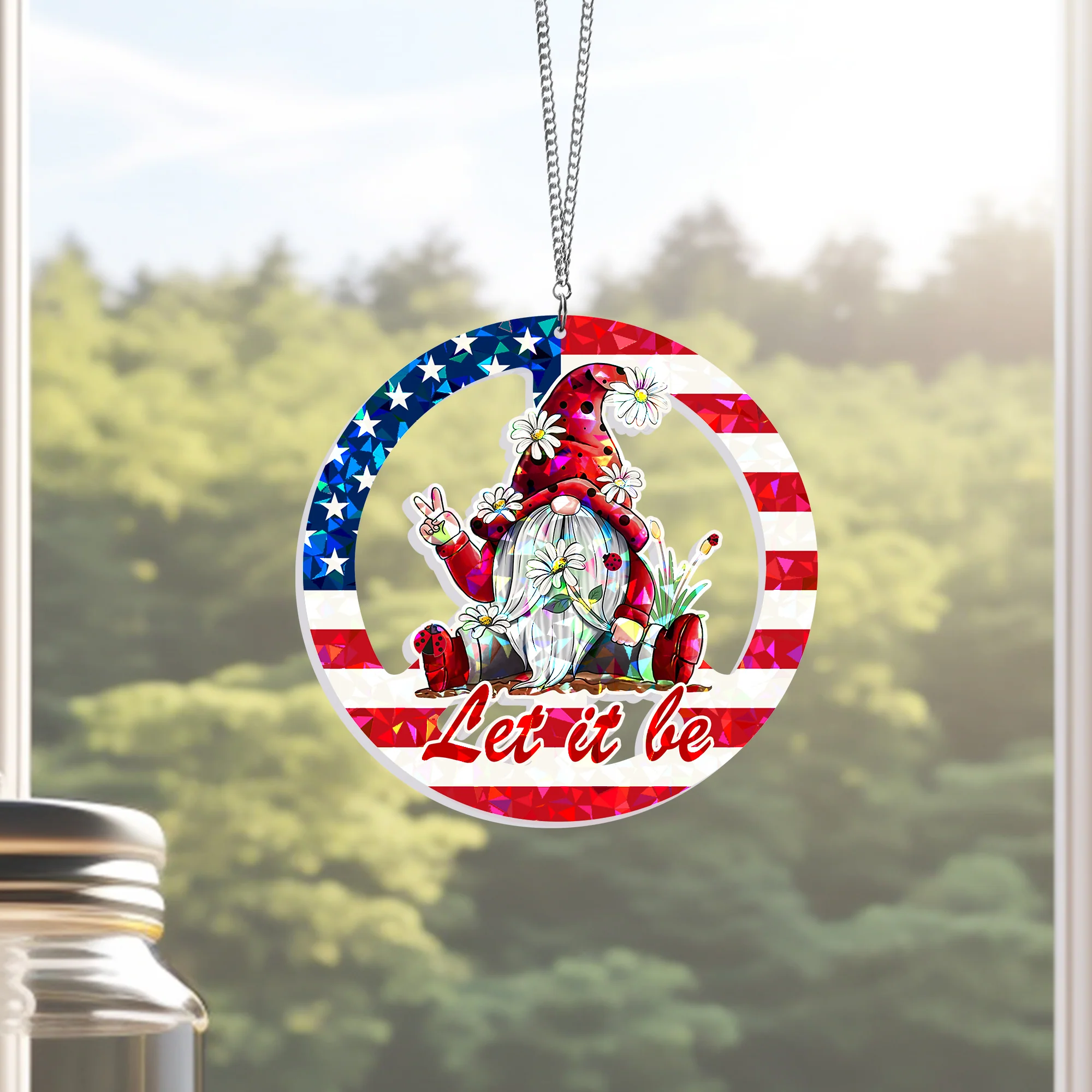 Hippie Gnome, Let It Bee, 4th of july American Peace Sign Hologram Window Hanging