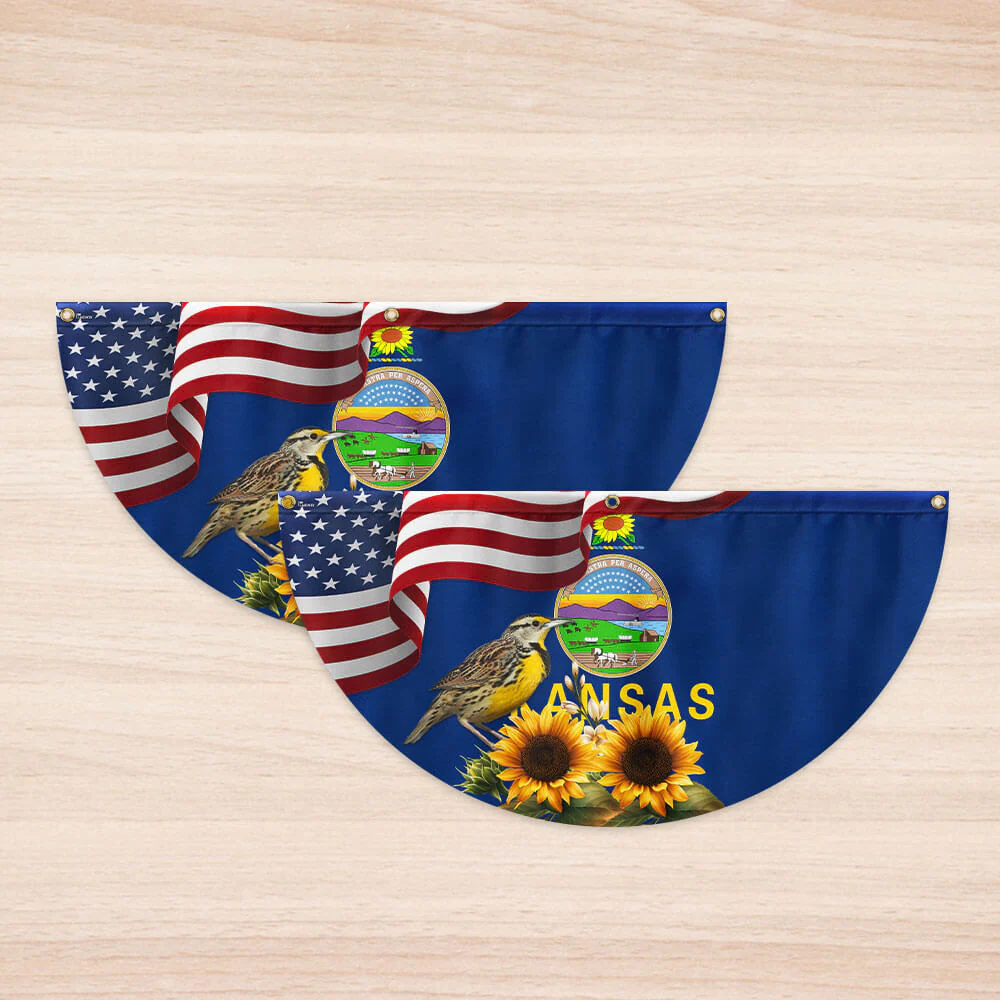 Kansas State Sunflower and Meadowlark Bird Non-Pleated Fan Flag