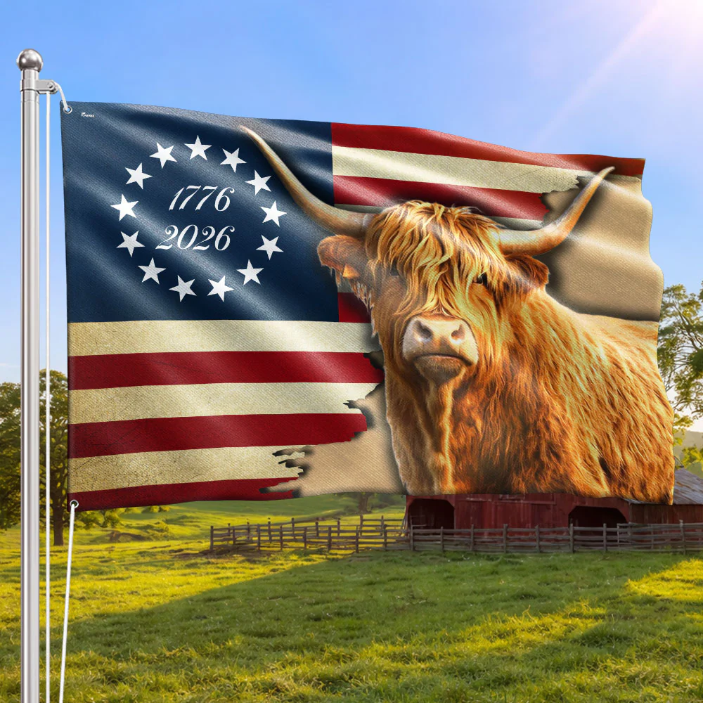 250 Years Strong Highland Cow American Flag for Farmhouse Patriotic Decor