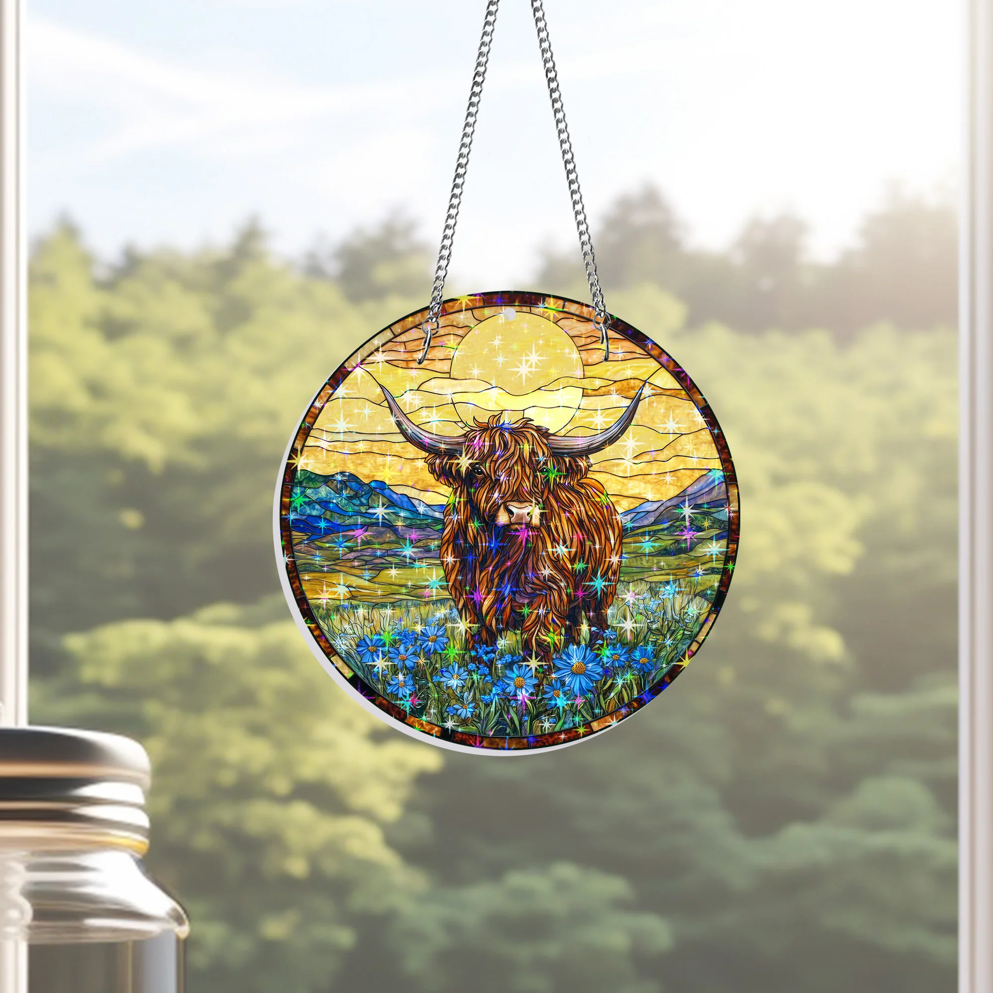 Flowers Highland Cow Hologram Window Hanging, Farm Decor