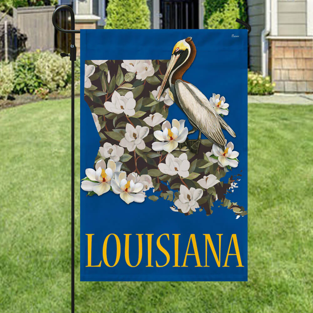 Louisiana Flag Brown Pelican With Magnolia Map
