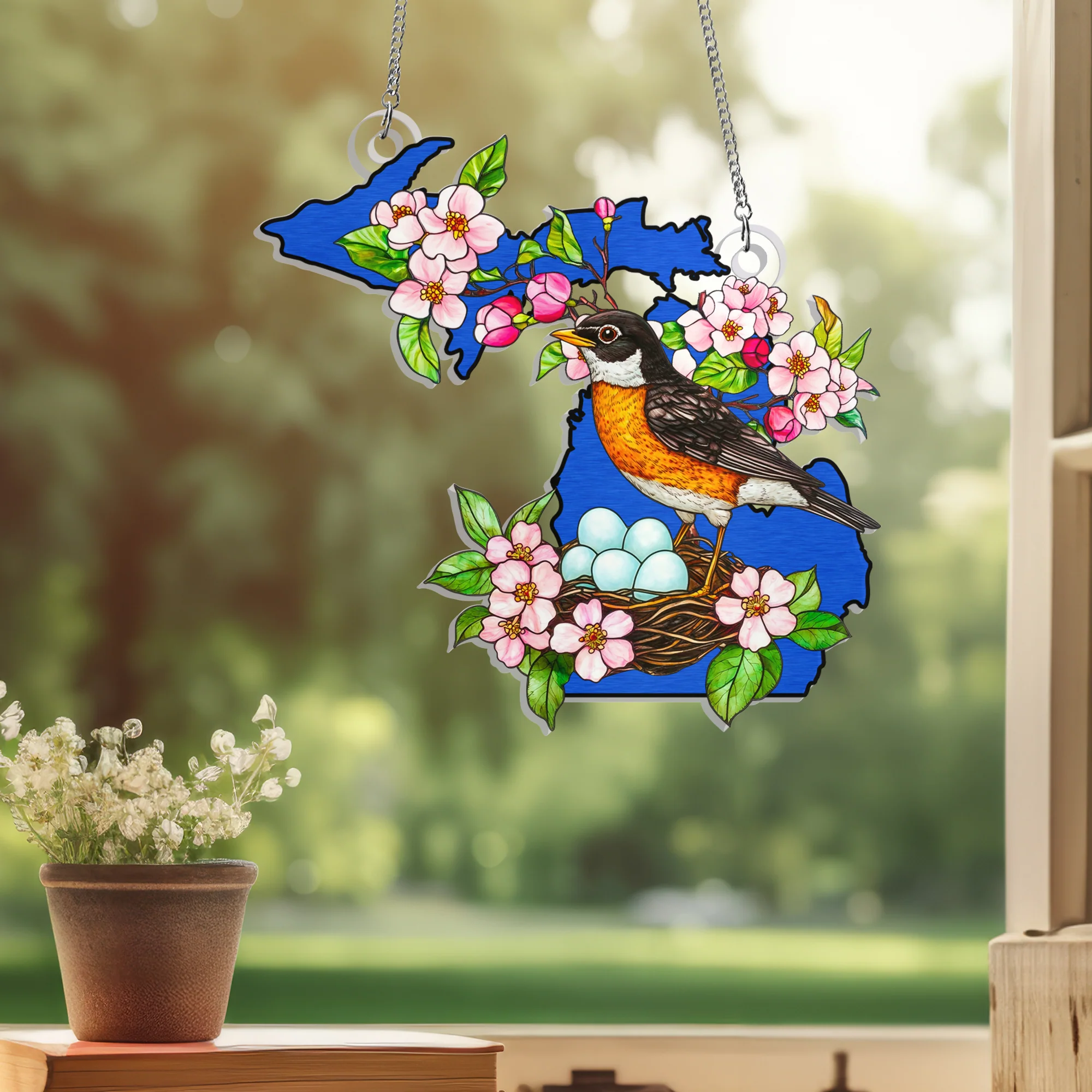 Michigan American Robin & Apple Blossom Suncatcher - Hanging Sign Gift for State Pride & Nature Enthusiasts