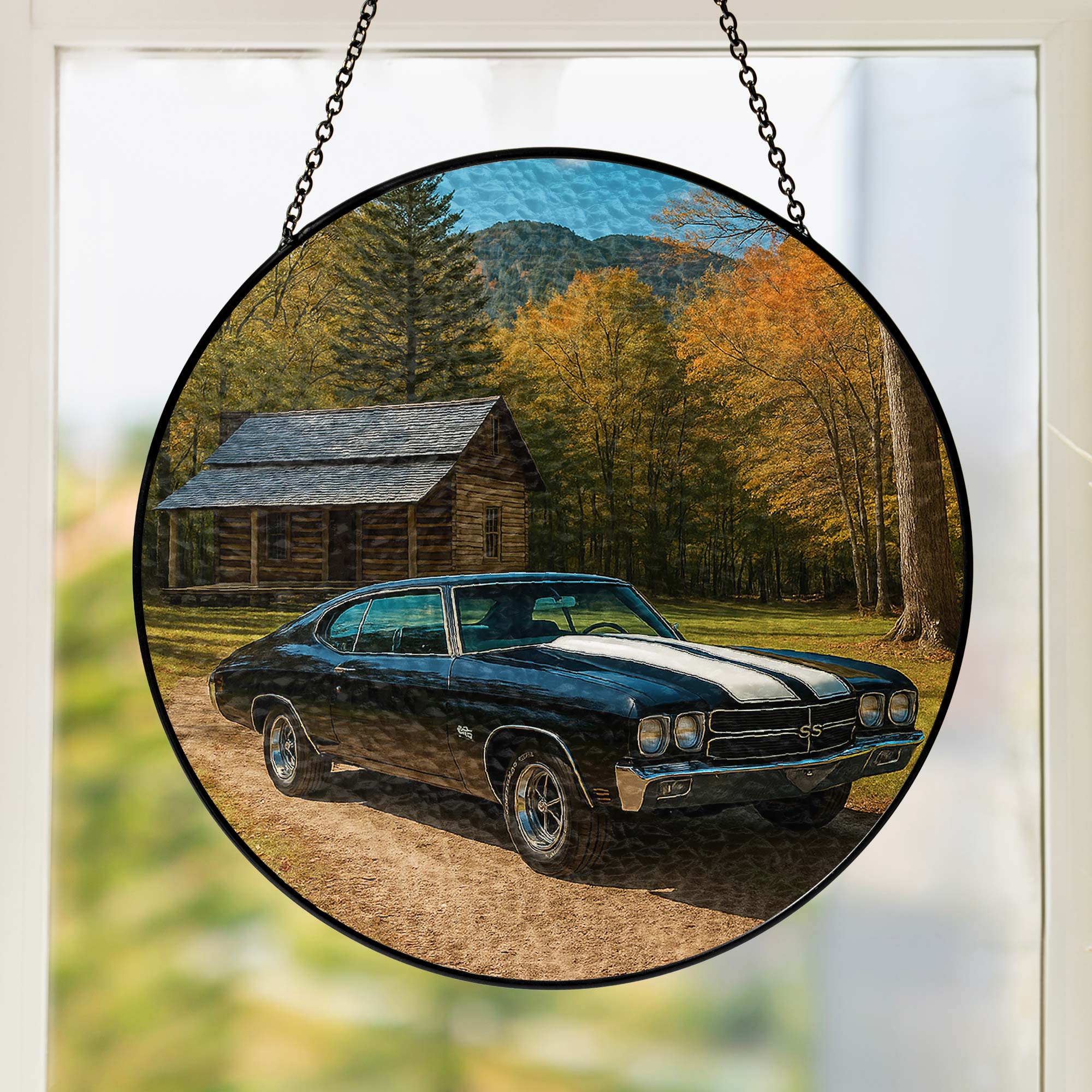 Vintage Black Car Stained Glass Suncatcher Window Hanging for Home